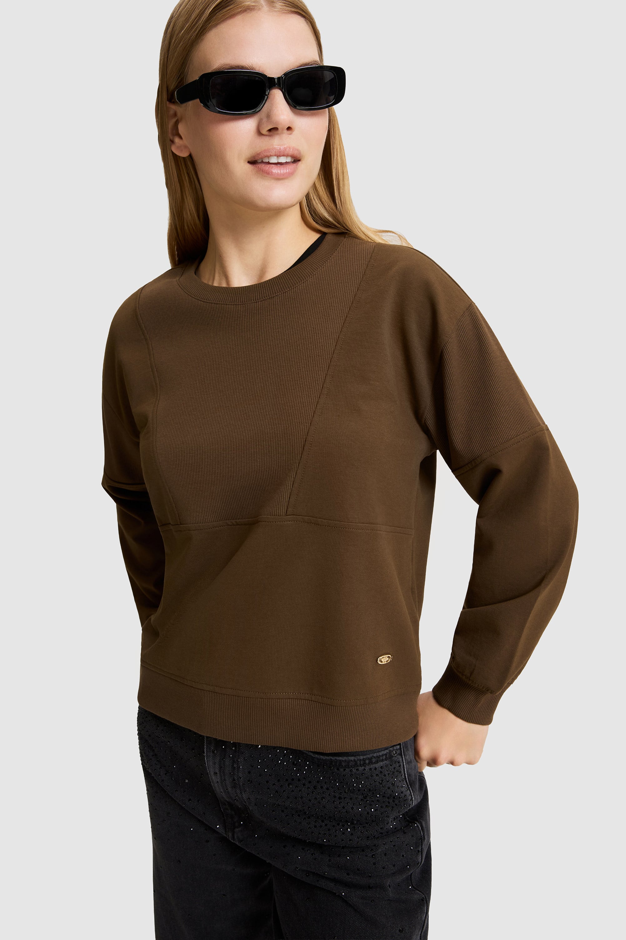 Kadın Kahverengi Bisiklet Yaka Sweatshirt