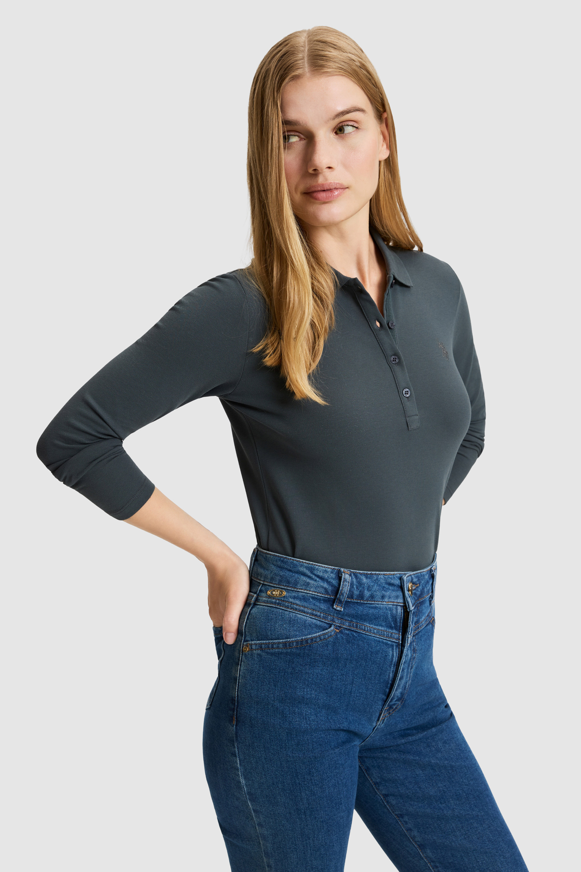 Kadın Gri Polo Yaka Basic Sweatshirt - Image 3
