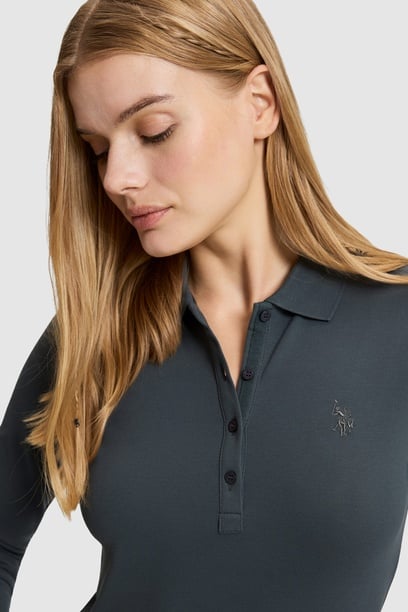 Kadın Gri Polo Yaka Basic Sweatshirt