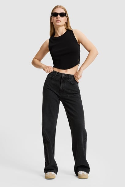 Kadın Siyah Loose Fit Jean Pantolon