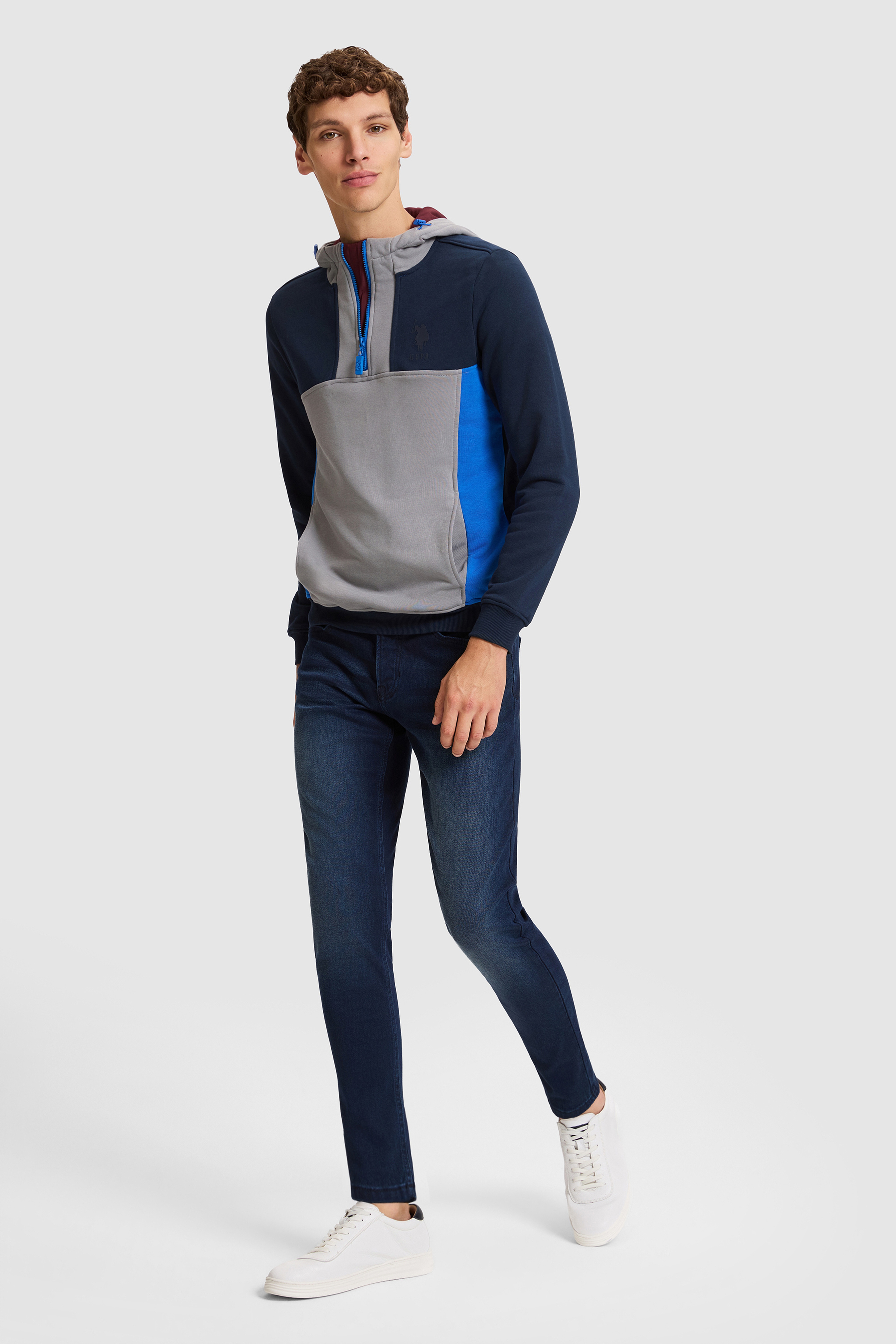 Erkek Lacivert Kapüşonlu Yarım Fermuarlı Regular Fit Sweatshirt