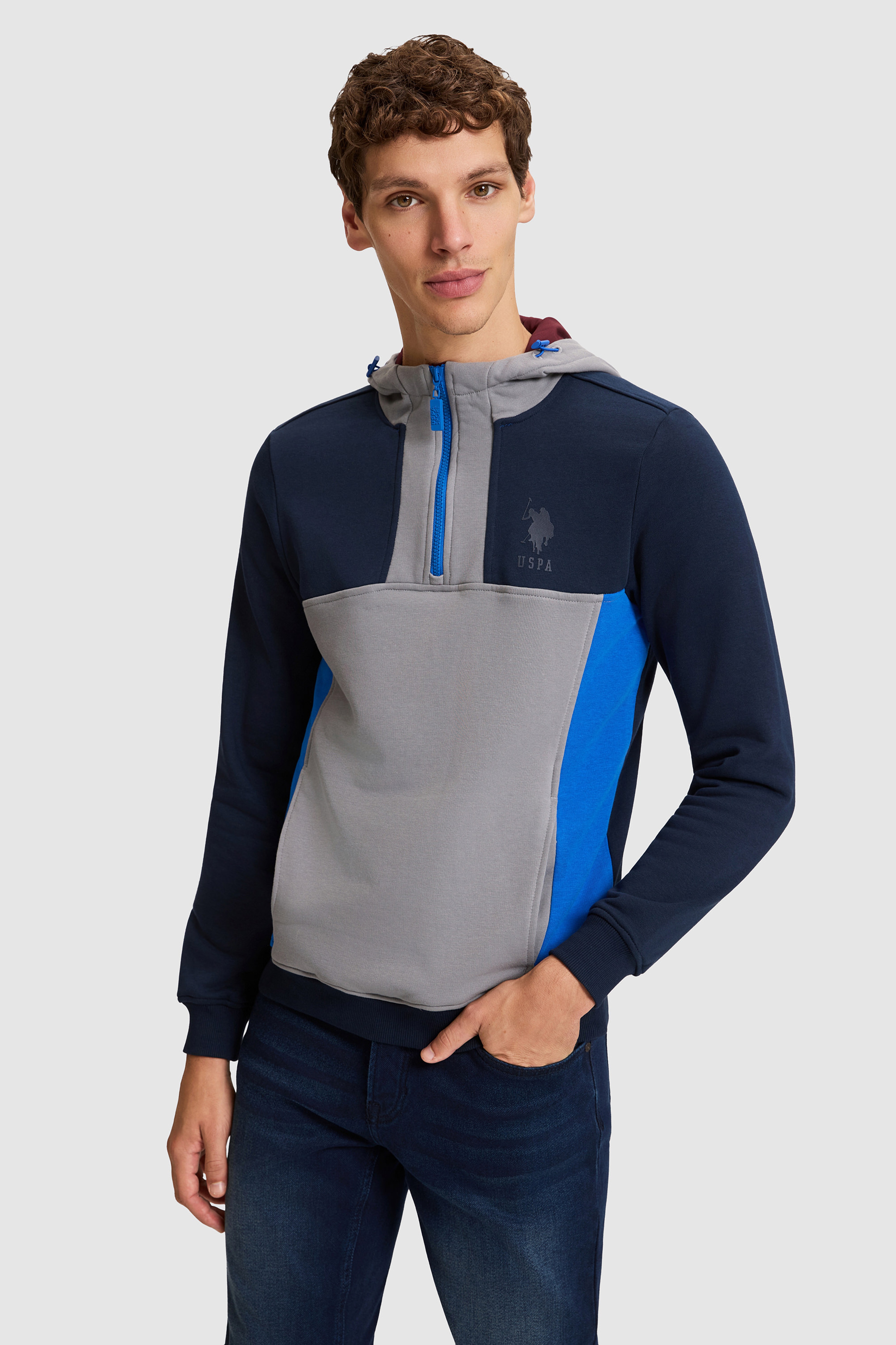 Erkek Lacivert Kapüşonlu Yarım Fermuarlı Regular Fit Sweatshirt - Image 1