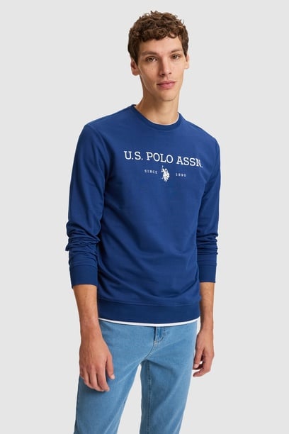Erkek İndigo Bisiklet Yaka Regular Fit  Basic Sweatshirt