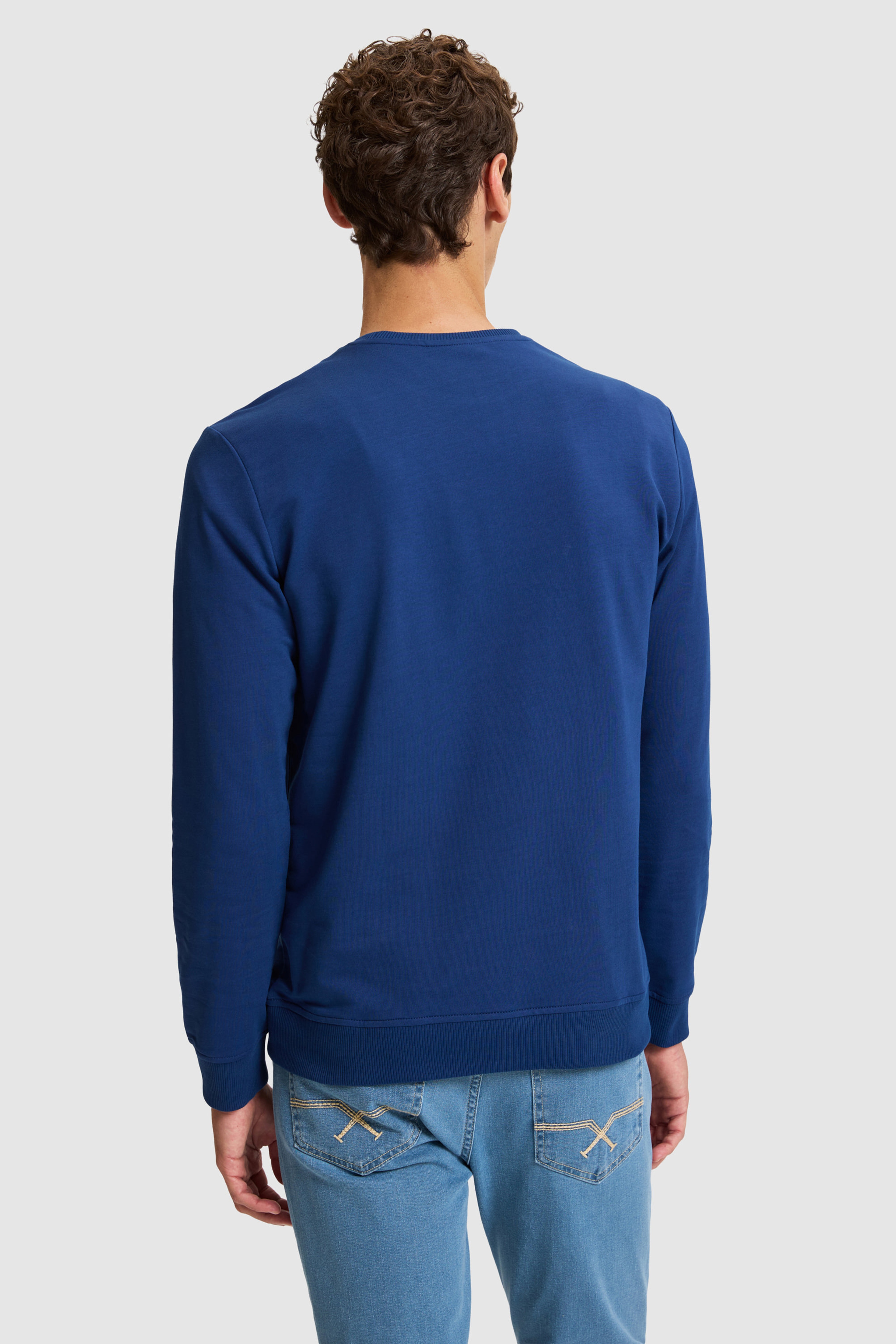 Erkek İndigo Bisiklet Yaka Regular Fit Basic Sweatshirt - Image 5