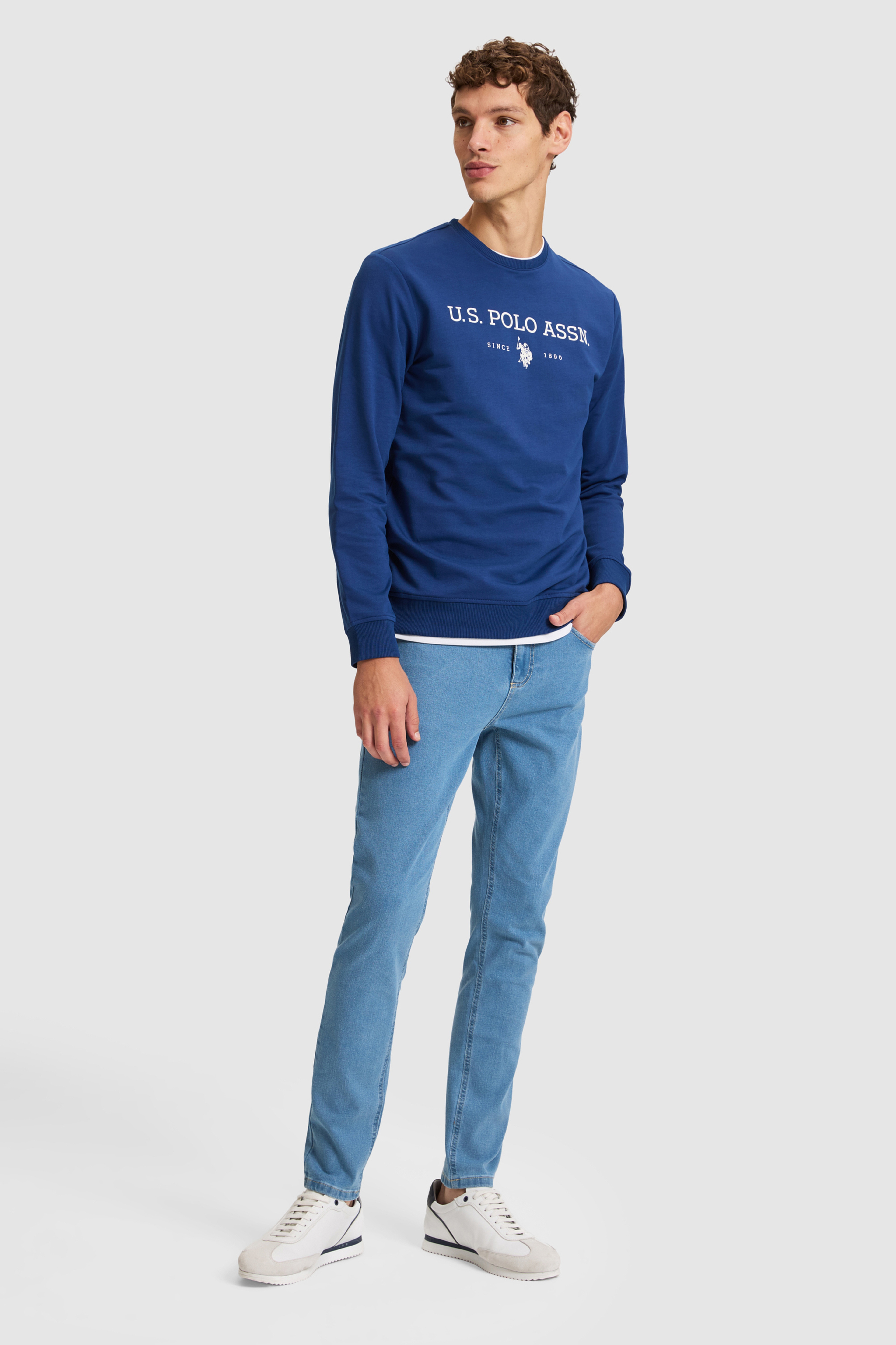 Erkek İndigo Bisiklet Yaka Regular Fit Basic Sweatshirt - Image 4