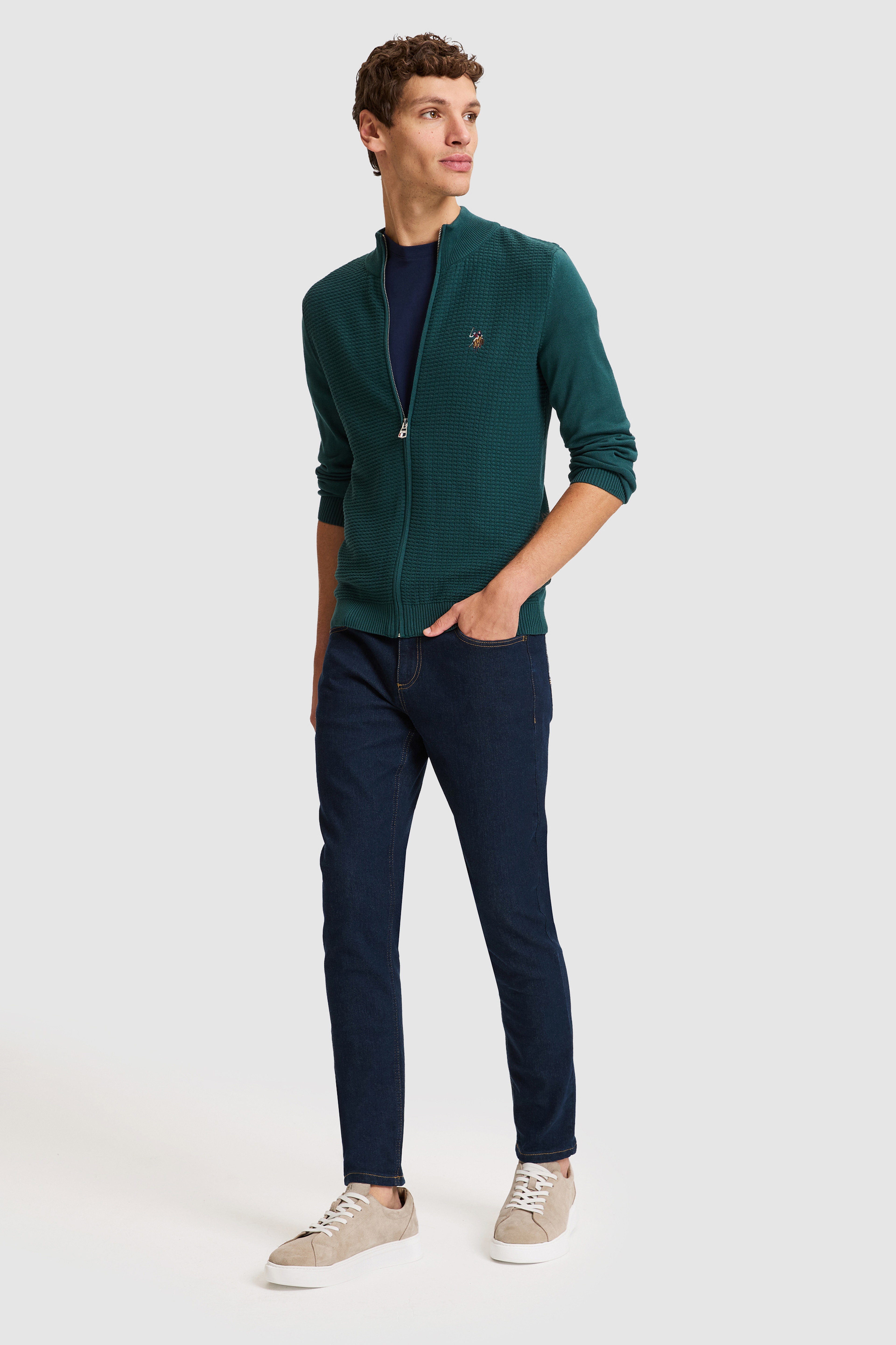 Erkek Yeşil Fermuarlı Slim Fit Basic Triko Hırka - Image 5