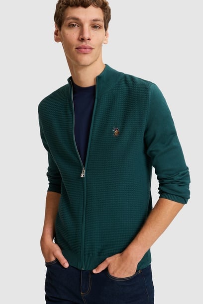 Erkek Yeşil Fermuarlı Slim Fit Basic Triko Hırka