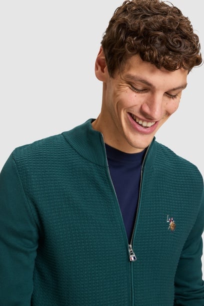 Erkek Yeşil Fermuarlı Slim Fit Basic Triko Hırka