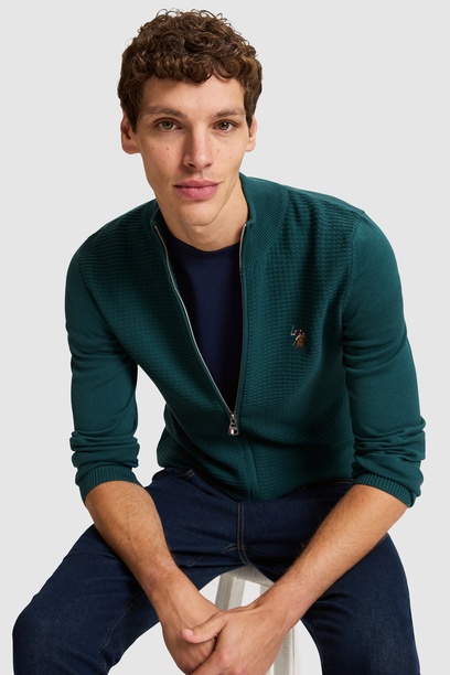Erkek Yeşil Fermuarlı Slim Fit Basic Triko Hırka