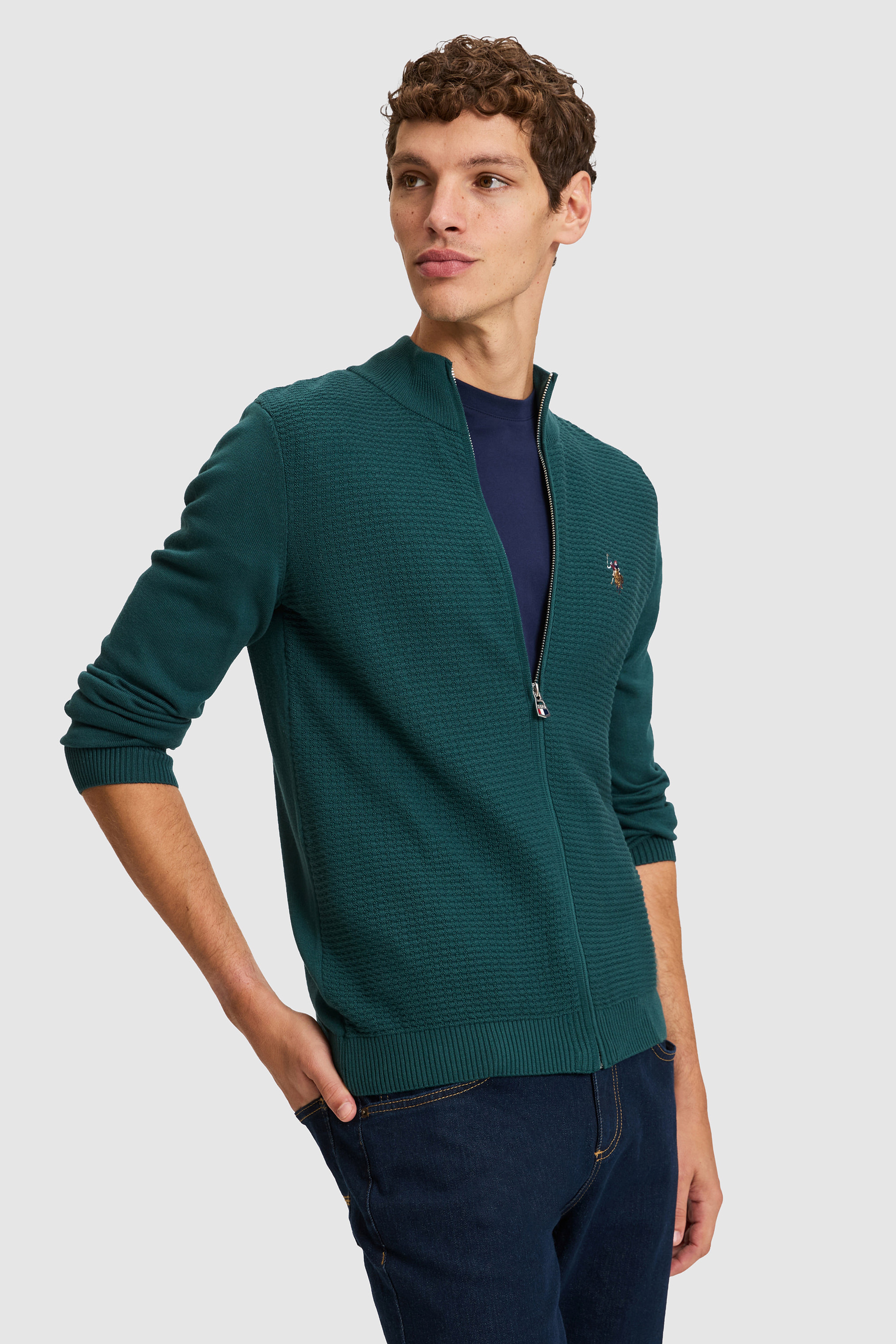 Erkek Yeşil Fermuarlı Slim Fit Basic Triko Hırka