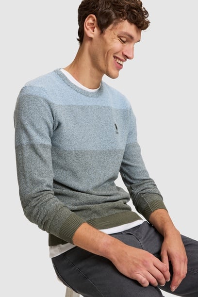 Erkek Açık Mavi Bisiklet Yaka Regular Fit Çizgili Kazak