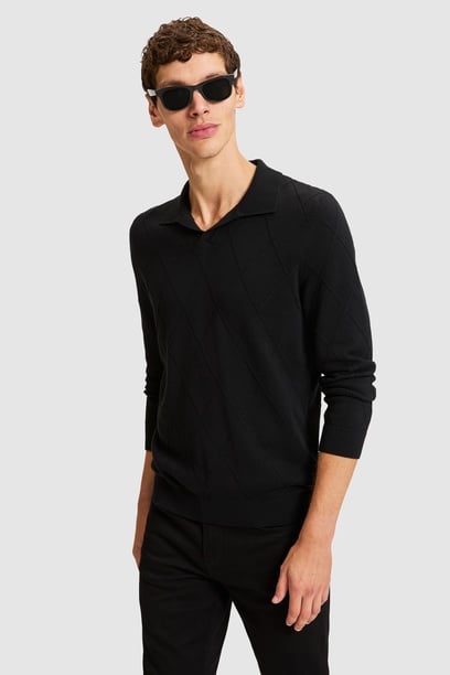 Erkek Siyah V Yaka Regular Fit Kazak