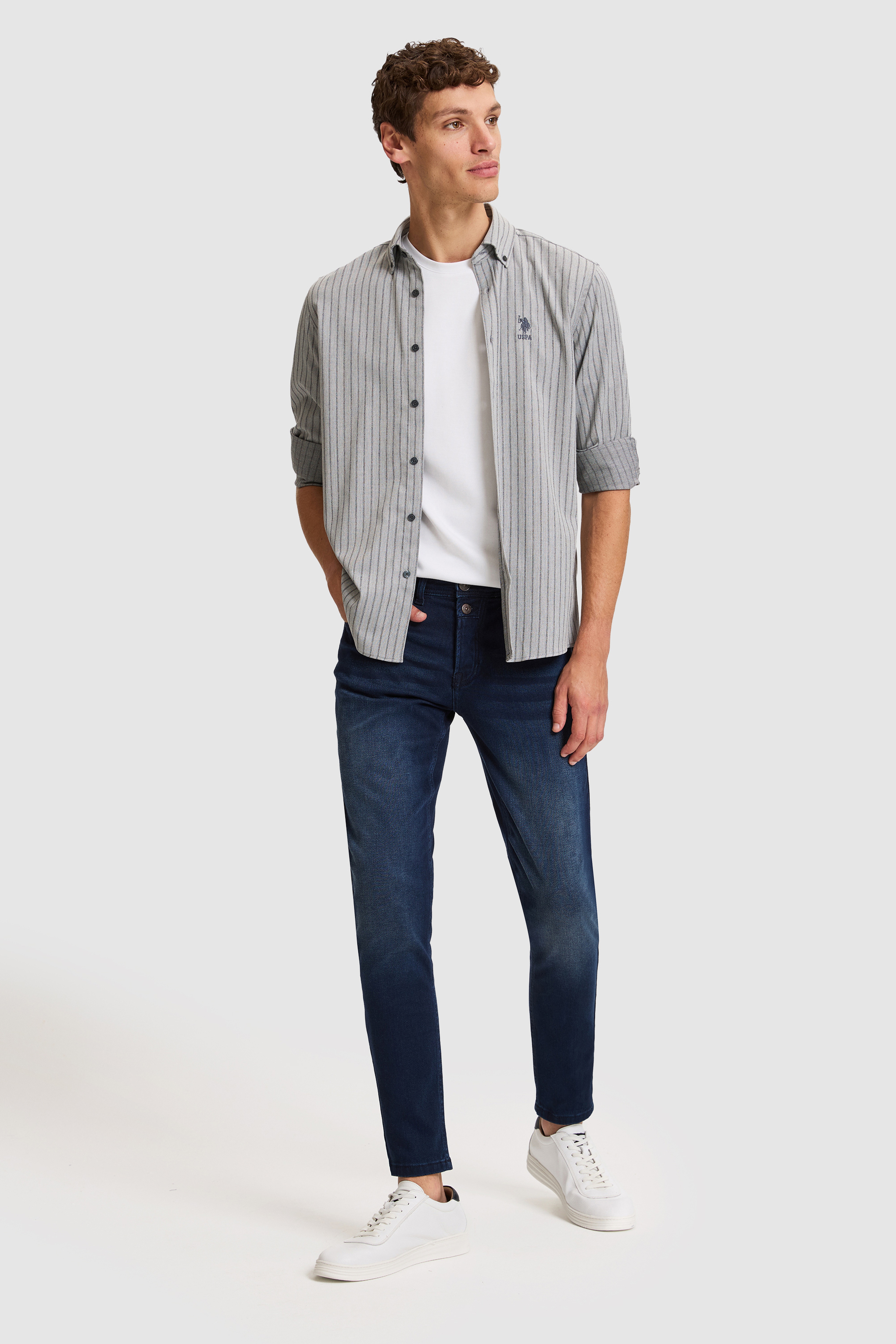 Erkek Gri Çizgili Regular Fit Uzun Kollu Gömlek - Image 4
