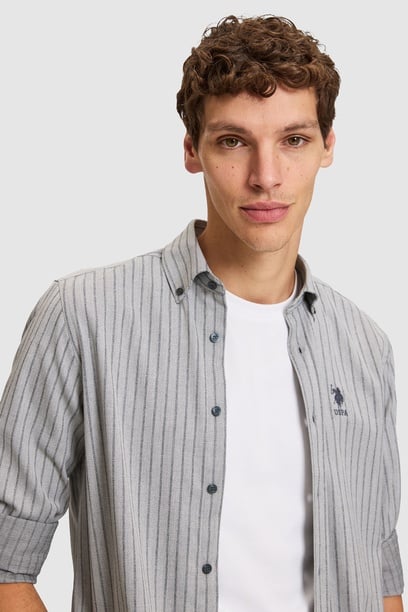 Erkek Gri Çizgili Regular Fit Uzun Kollu  Gömlek