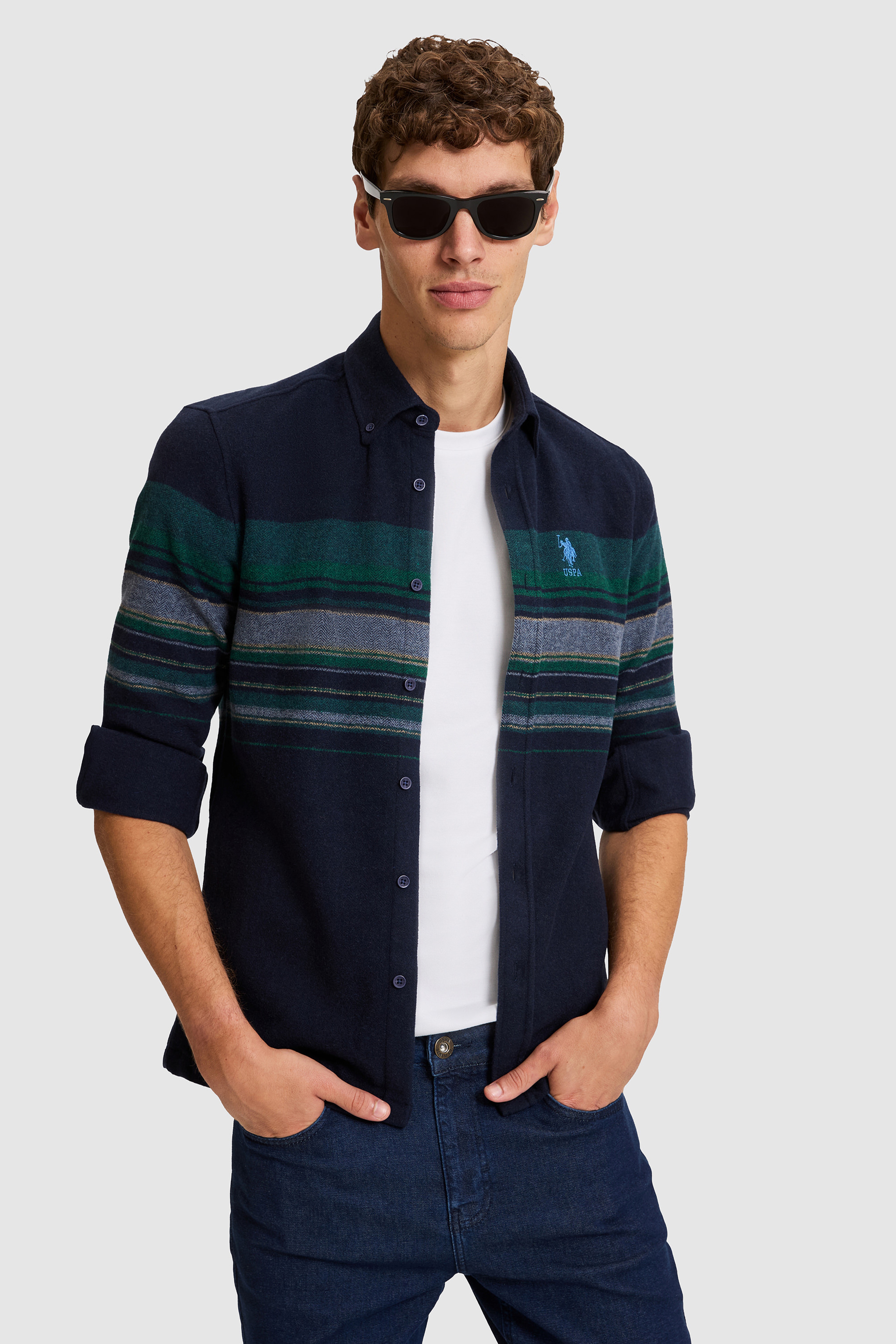 Erkek Lacivert Çizgili Regular Fit Uzun Kollu Gömlek - Image 4