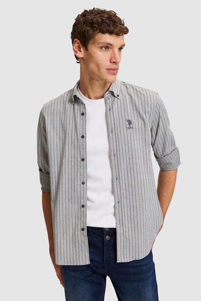 Erkek Gri Çizgili Regular Fit Uzun Kollu  Gömlek