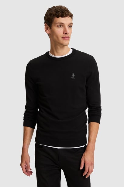 Erkek Siyah Bisiklet Yaka Slim Fit  Basic Kazak