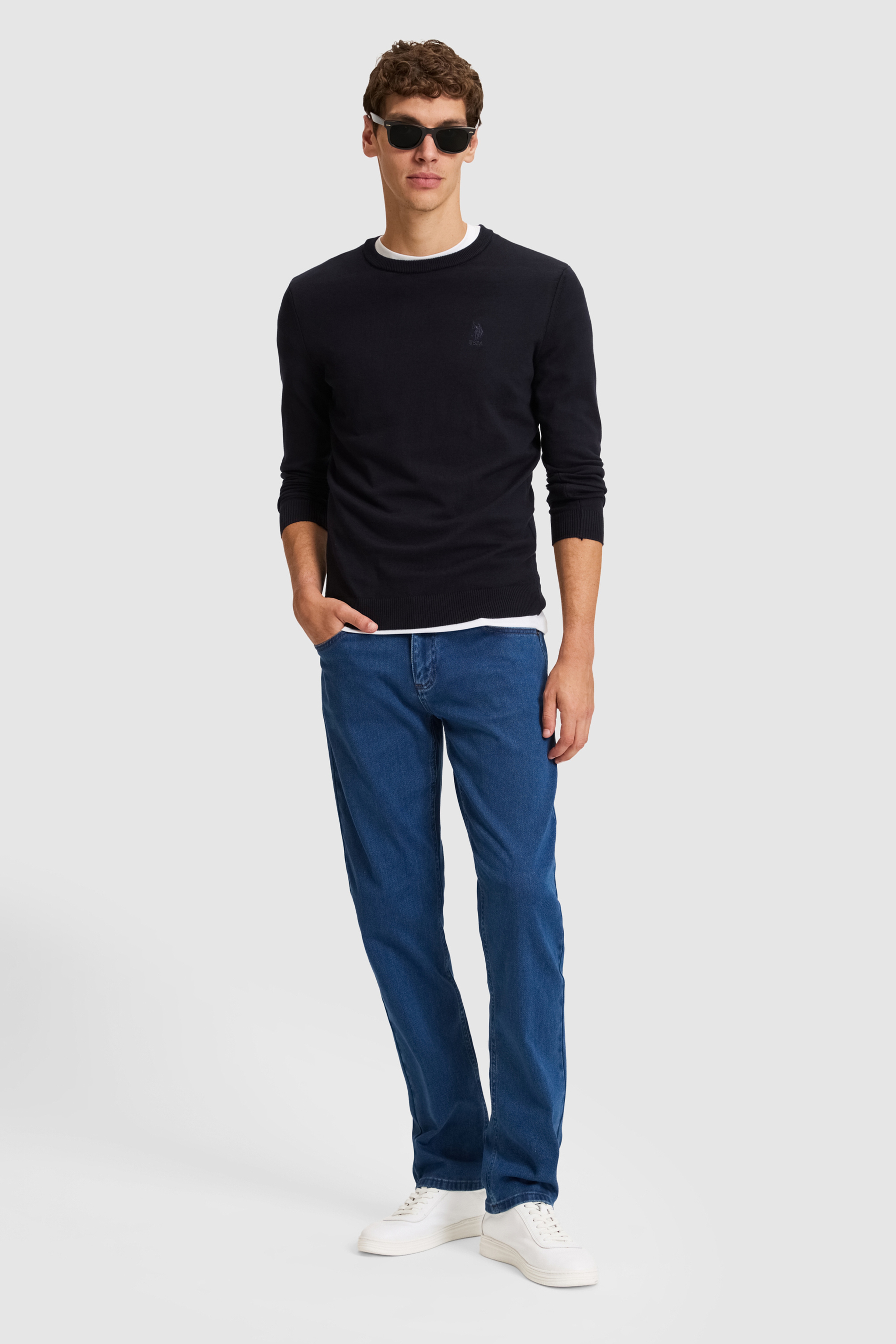 Erkek Lacivert Bisiklet Yaka Slim Fit  Basic Kazak