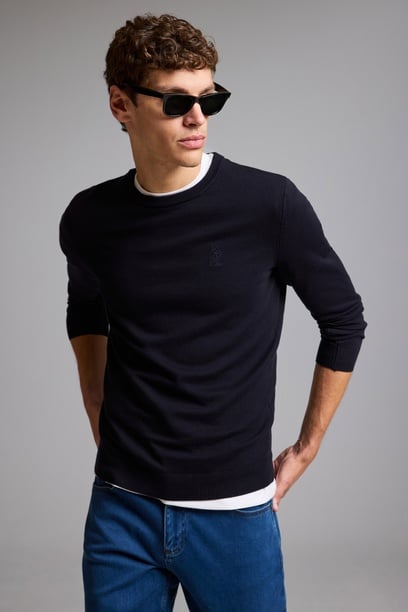 Erkek Lacivert Bisiklet Yaka Slim Fit  Basic Kazak