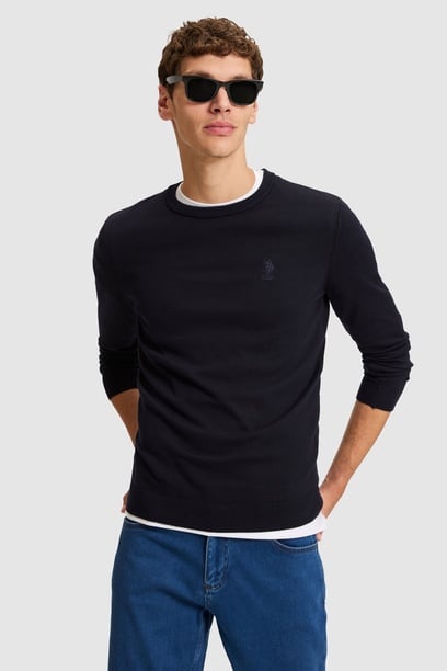 Erkek Lacivert Bisiklet Yaka Slim Fit  Basic Kazak
