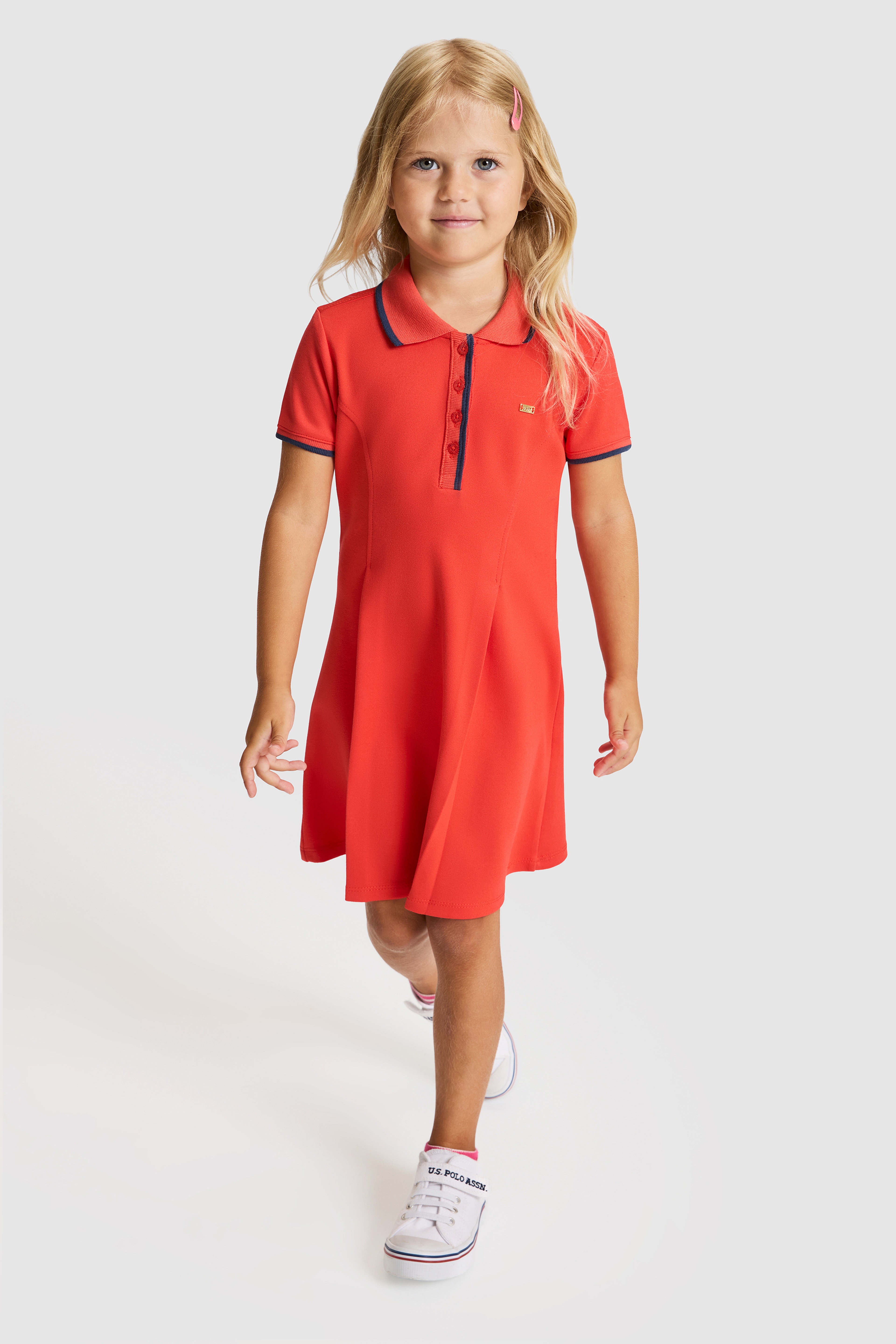 Kız Çocuk Kırmızı A Form Fit Polo Yaka Örme Elbise - Image 4