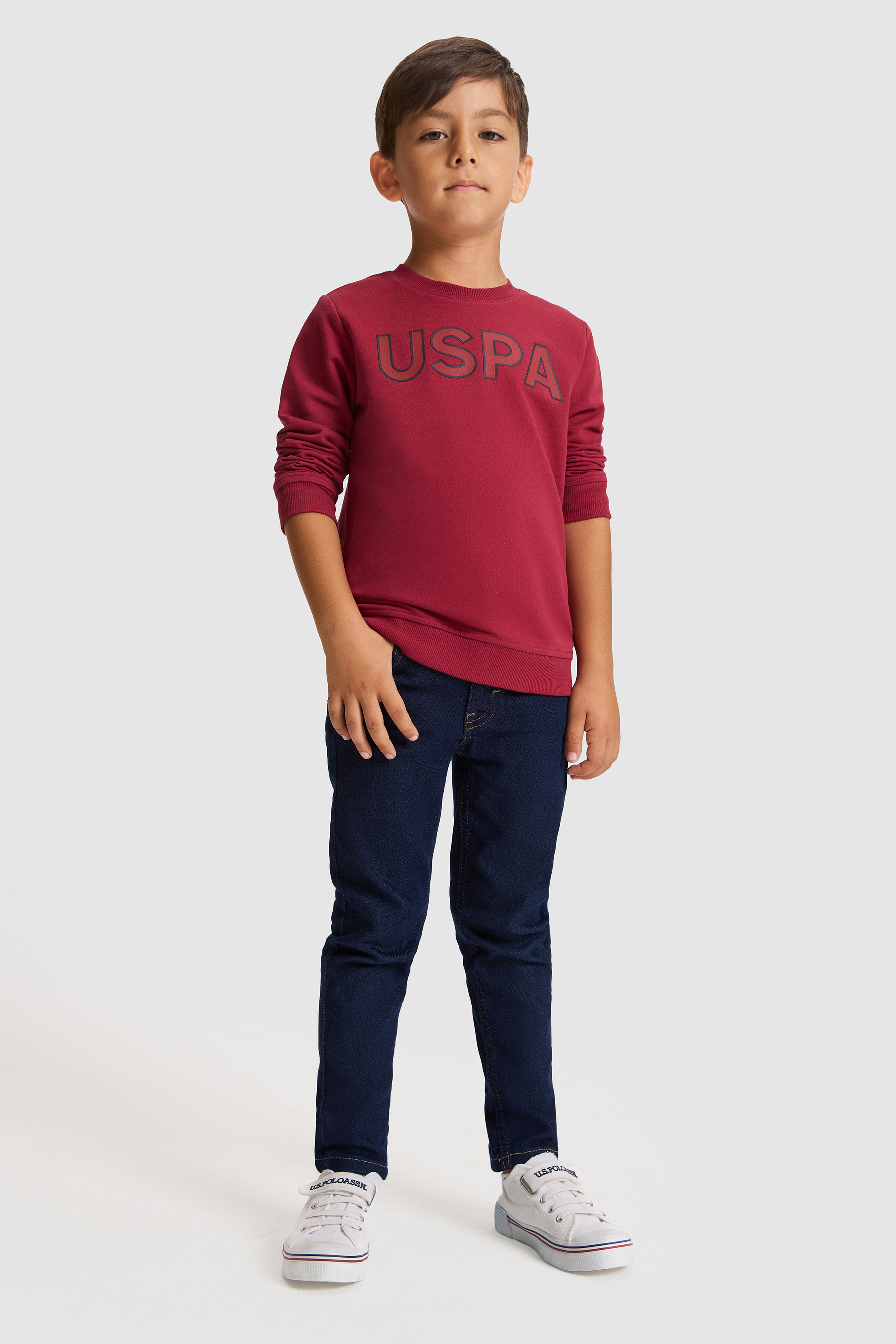 Erkek Çocuk Bordo USPA Baskılı Bisiklet Yaka %100 Pamuk Sweatshirt