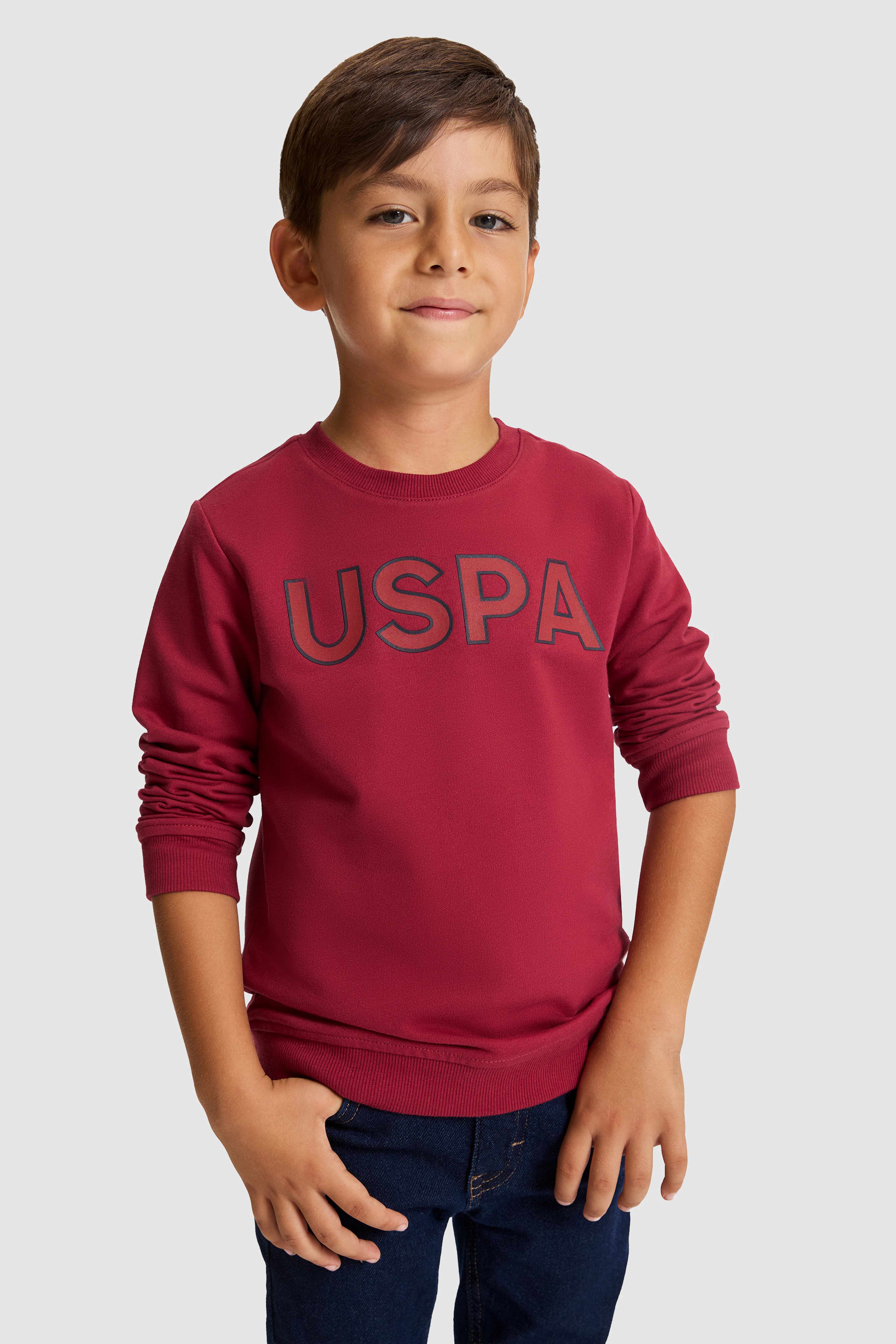 Erkek Çocuk Bordo USPA Baskılı Bisiklet Yaka %100 Pamuk Sweatshirt