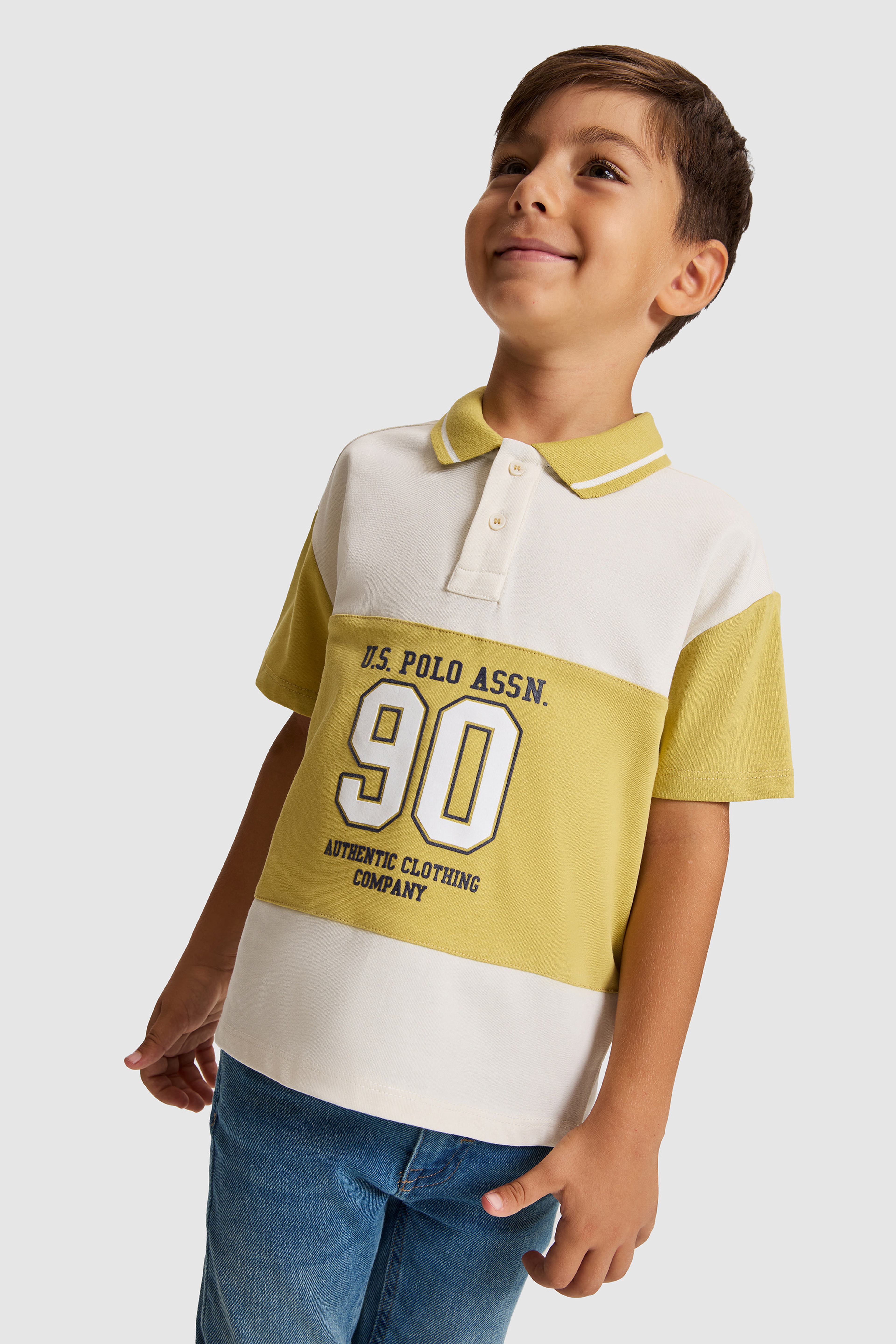 Erkek Çocuk Sarı Renk Bloklu Polo Yaka USPA 90 Baskılı Comfort Fit %100 Pamuk Ti - Image 1