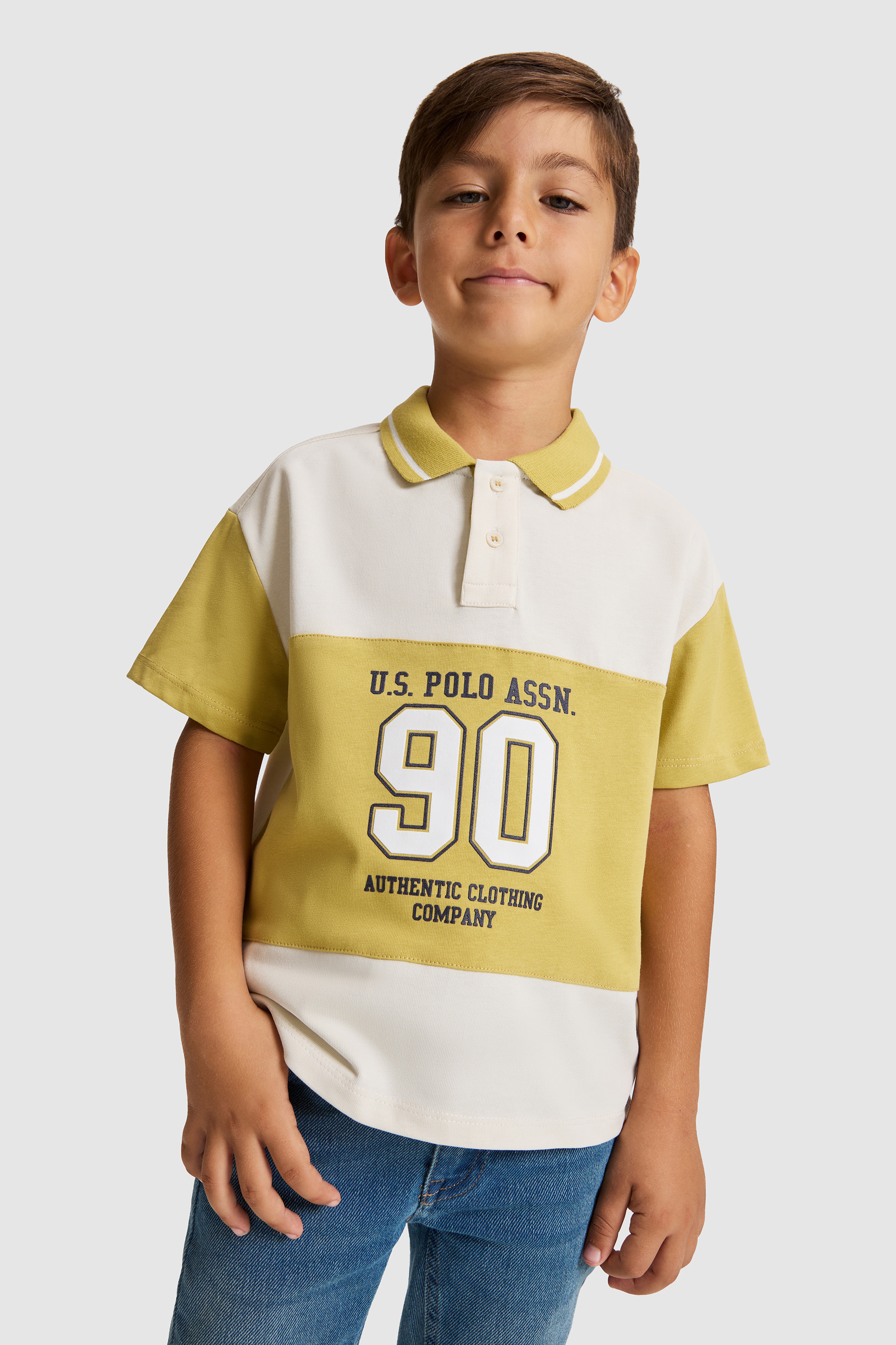 Erkek Çocuk Sarı Renk Bloklu Polo Yaka USPA 90 Baskılı Comfort Fit %100 Pamuk Ti