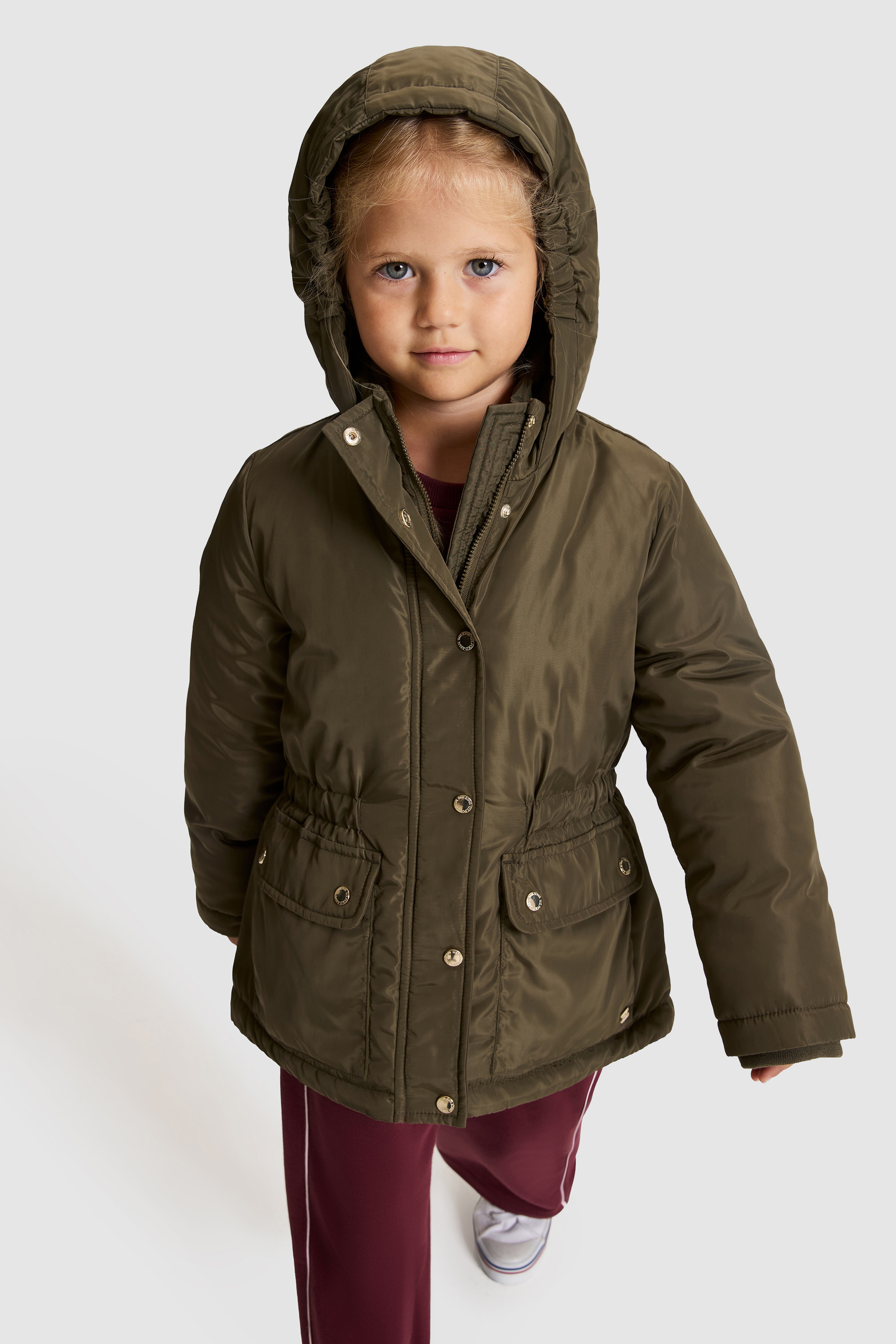 Kız Çocuk Haki Çıtçıt ve Fermuar Detaylı Kapüşonlu Kaban - Image 3