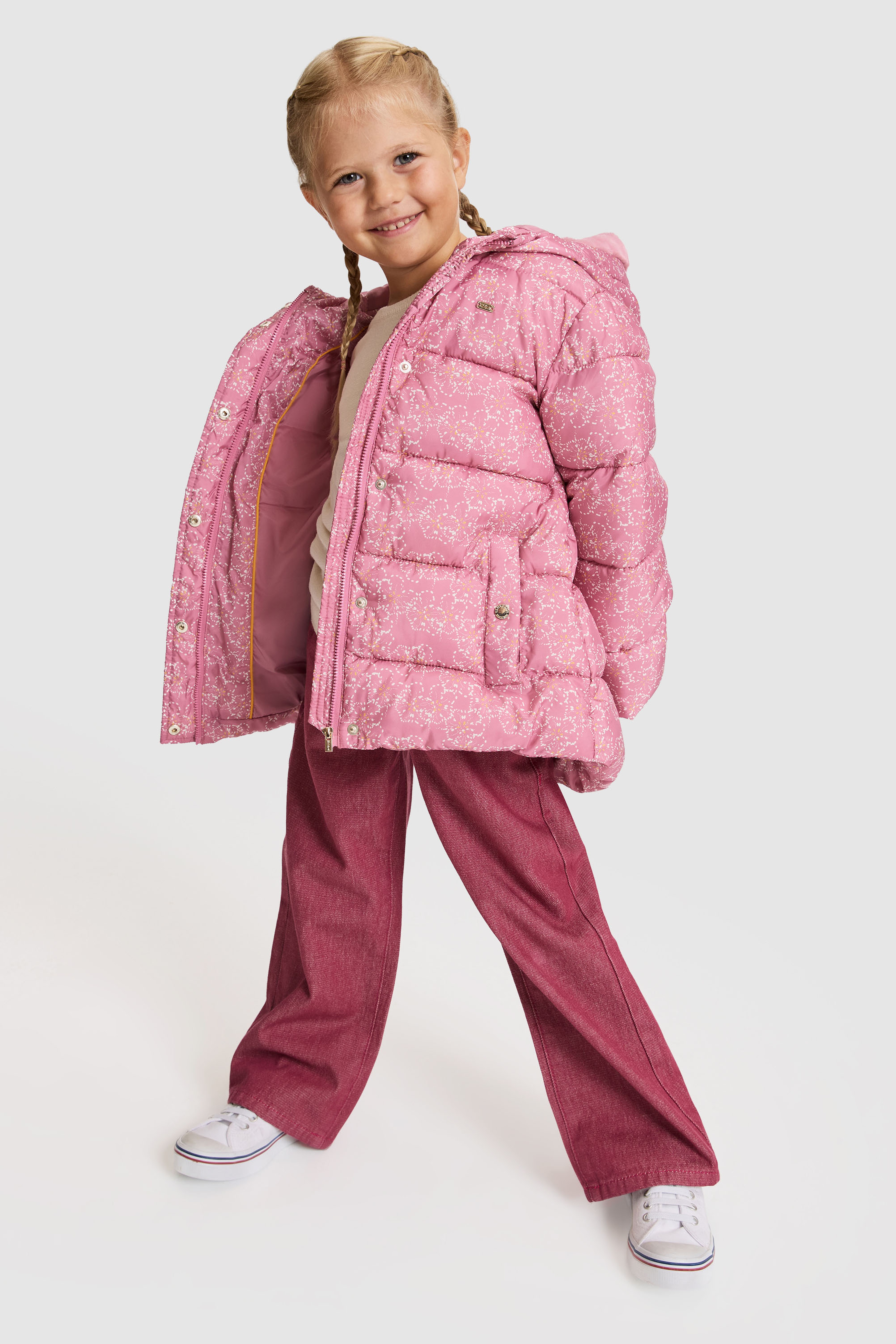 Kız Çocuk Pembe Kapüşonlu Fermuarlı Çiçek Desenli Mont - Image 5
