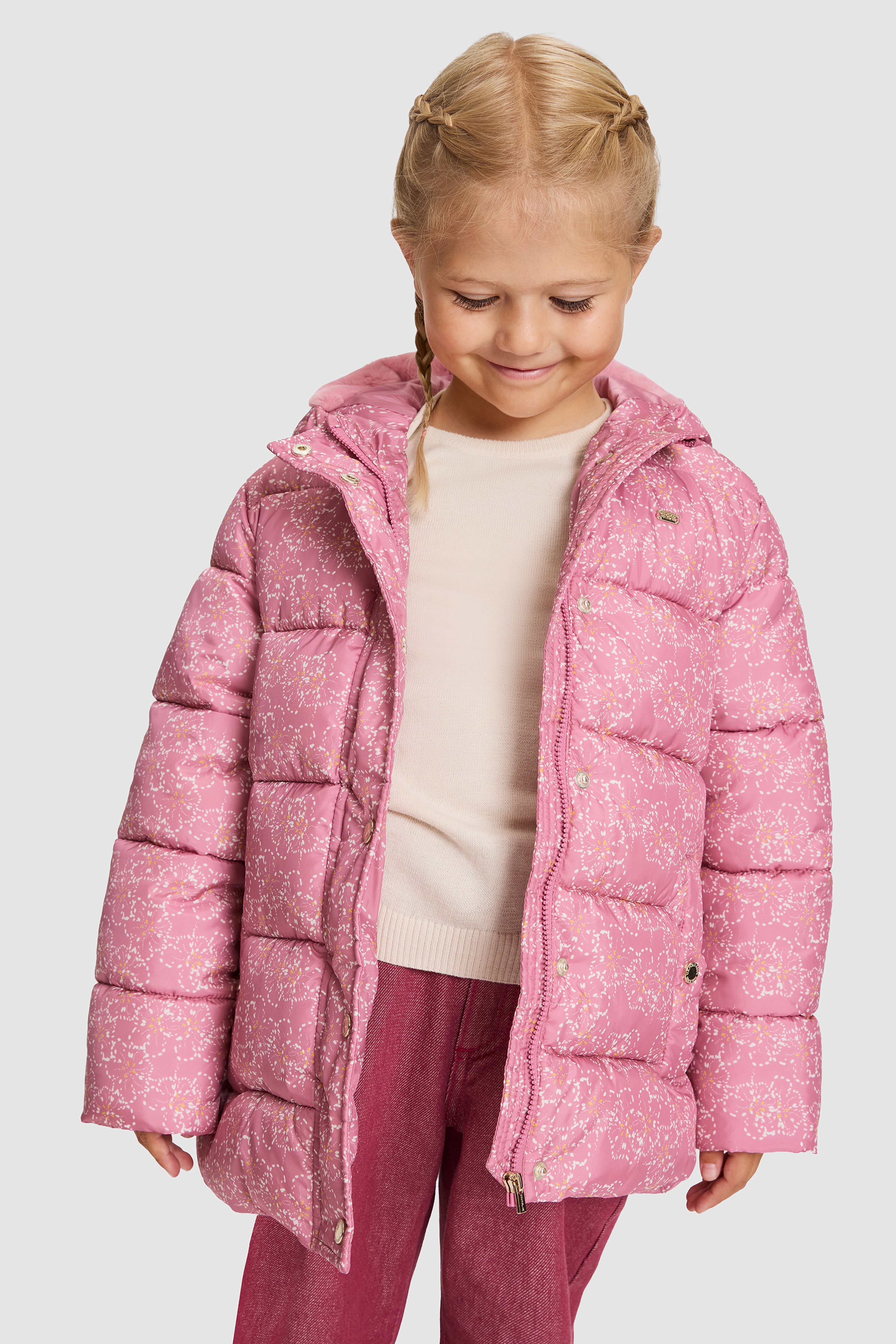Kız Çocuk Pembe Kapüşonlu Fermuarlı Çiçek Desenli Mont - Image 3