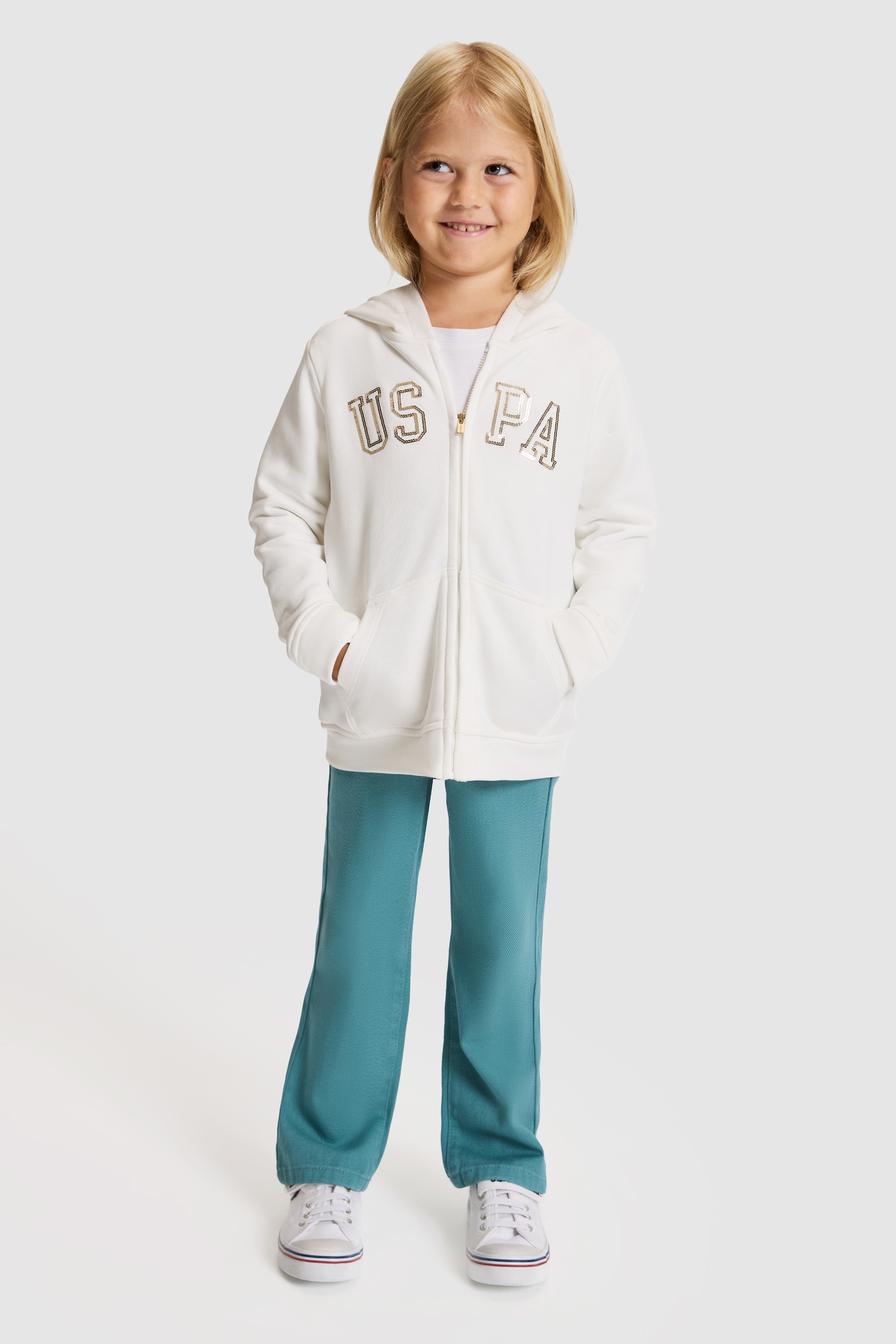 Kız Çocuk Beyaz Kapüşonlu Fermuarlı Regular Fit Basic Sweatshirt - Image 4