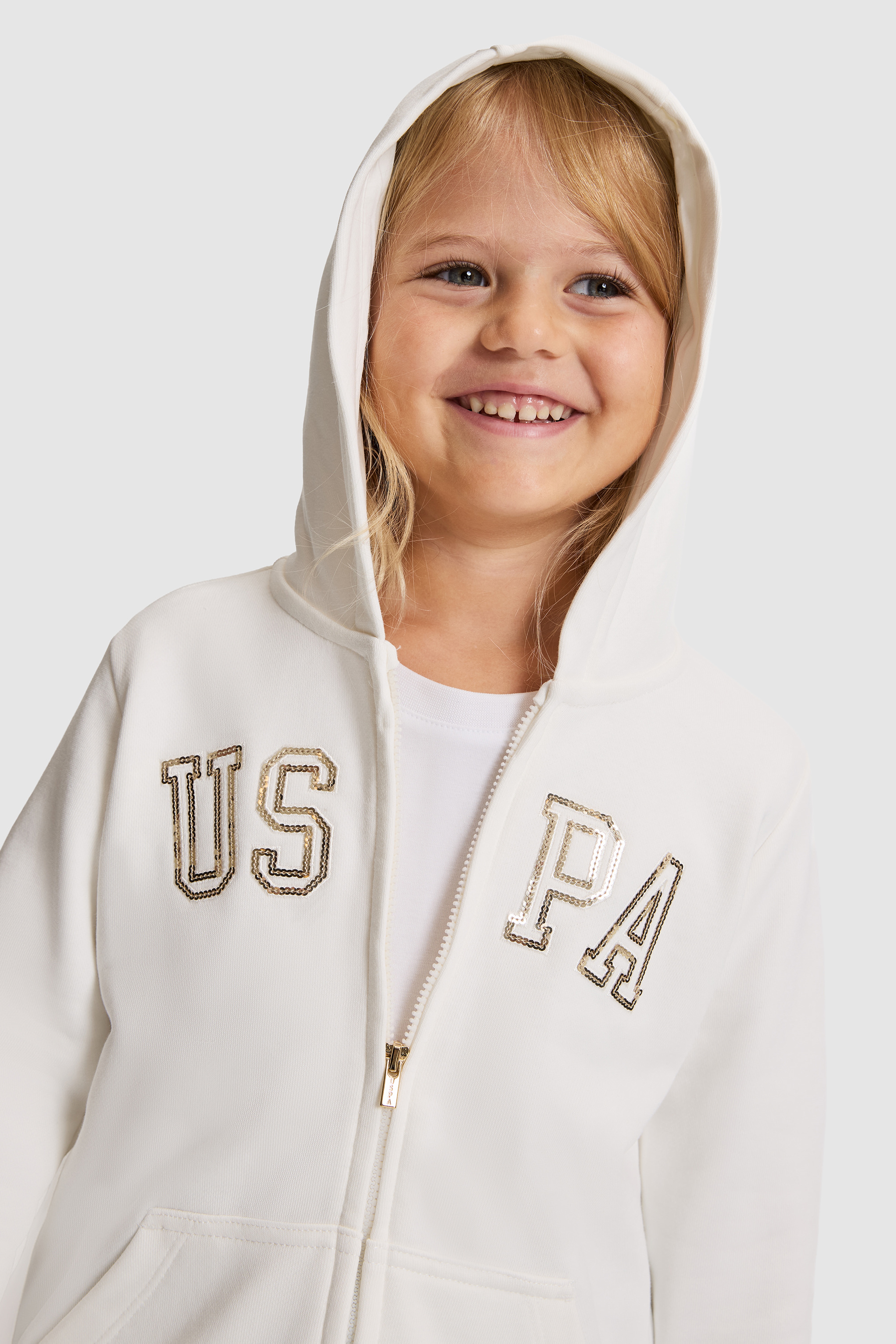 Kız Çocuk Beyaz Kapüşonlu Fermuarlı Regular Fit  Basic Sweatshirt