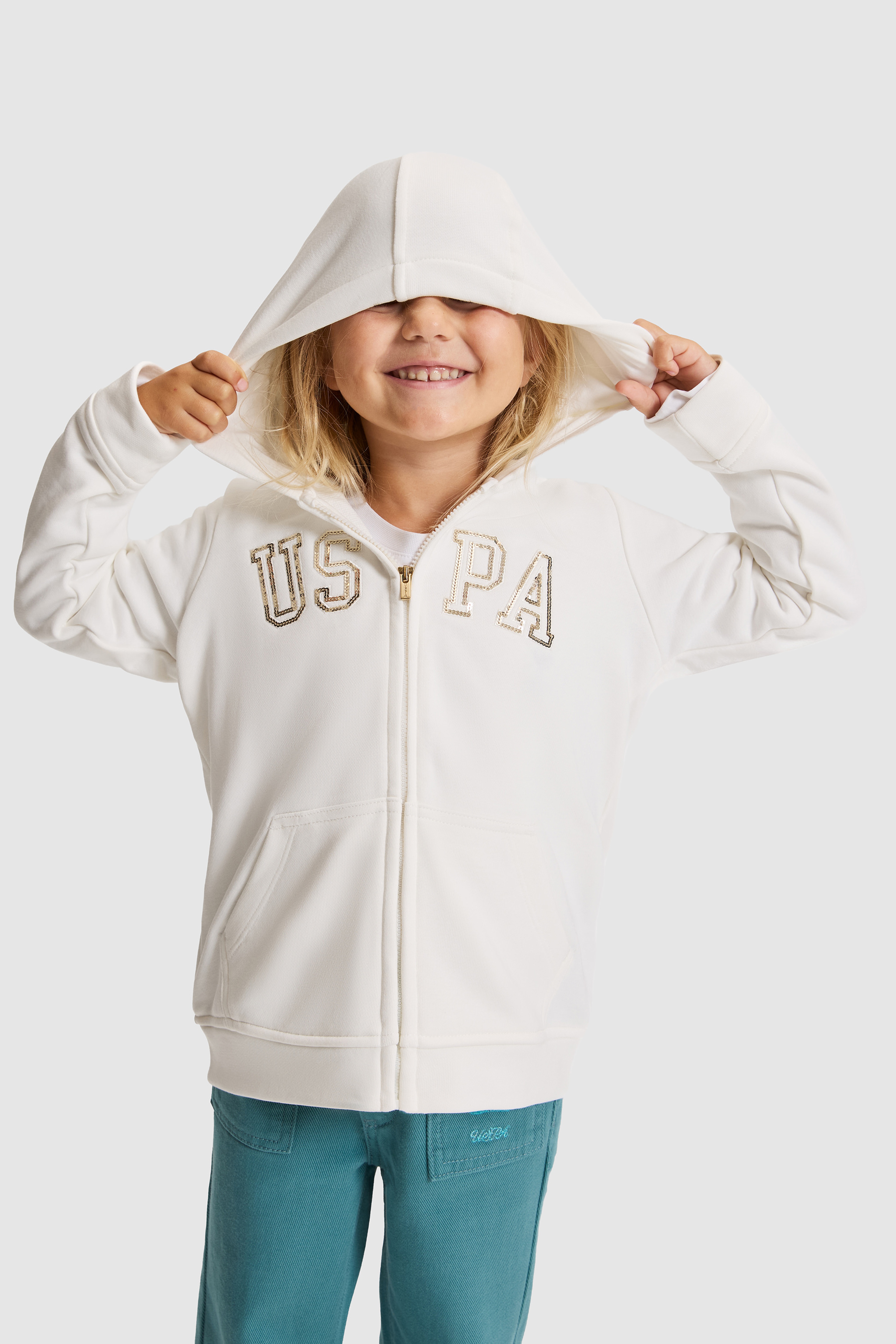 Kız Çocuk Beyaz Kapüşonlu Fermuarlı Regular Fit Basic Sweatshirt - Image 1