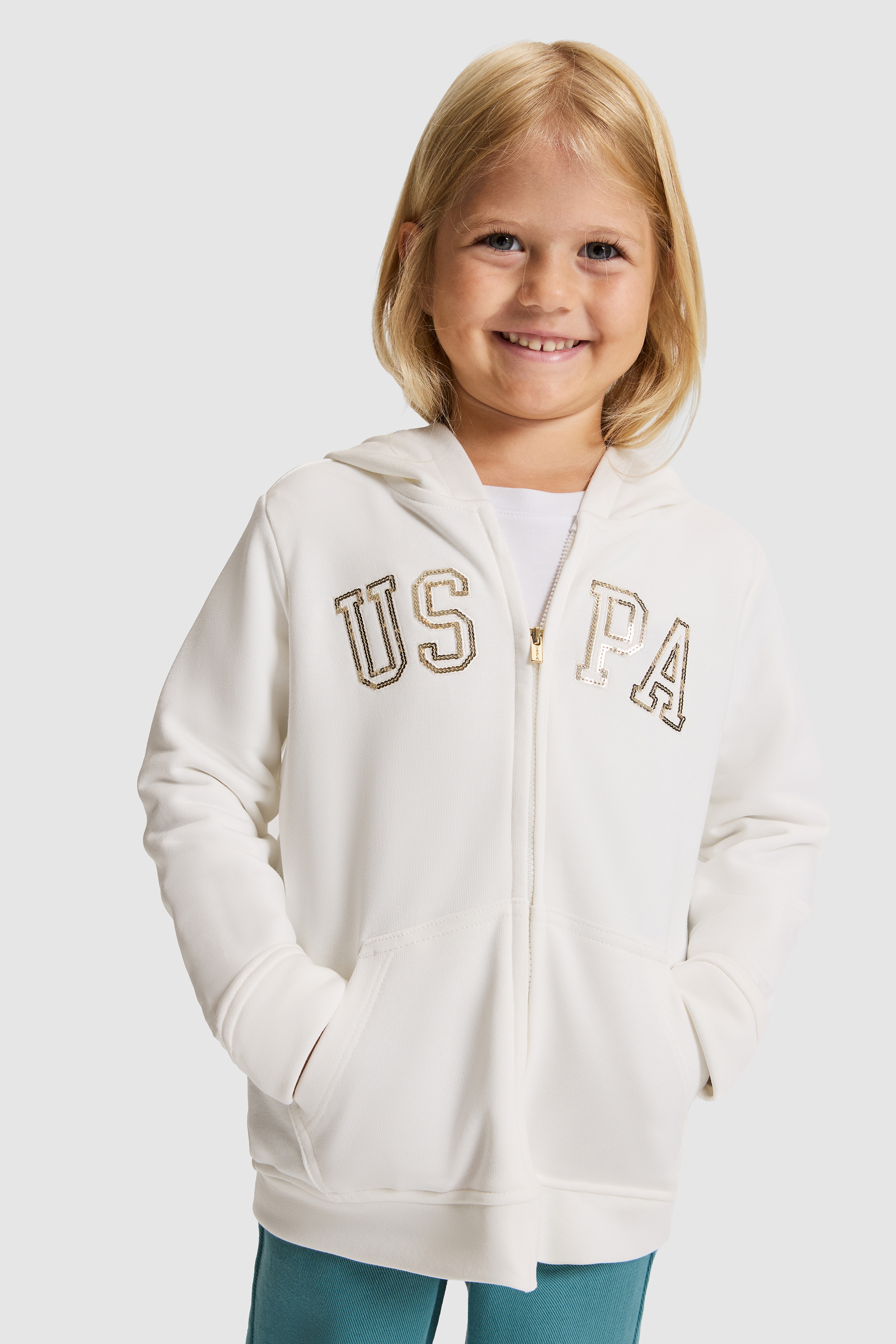 Kız Çocuk Beyaz Kapüşonlu Fermuarlı Regular Fit  Basic Sweatshirt