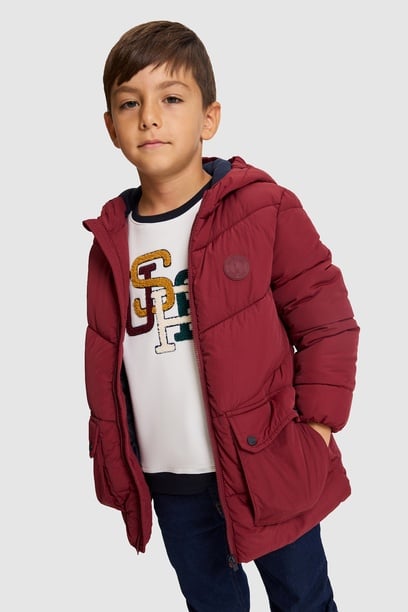 Erkek Çocuk Bordo Kapüşonlu Kapitone Kaban