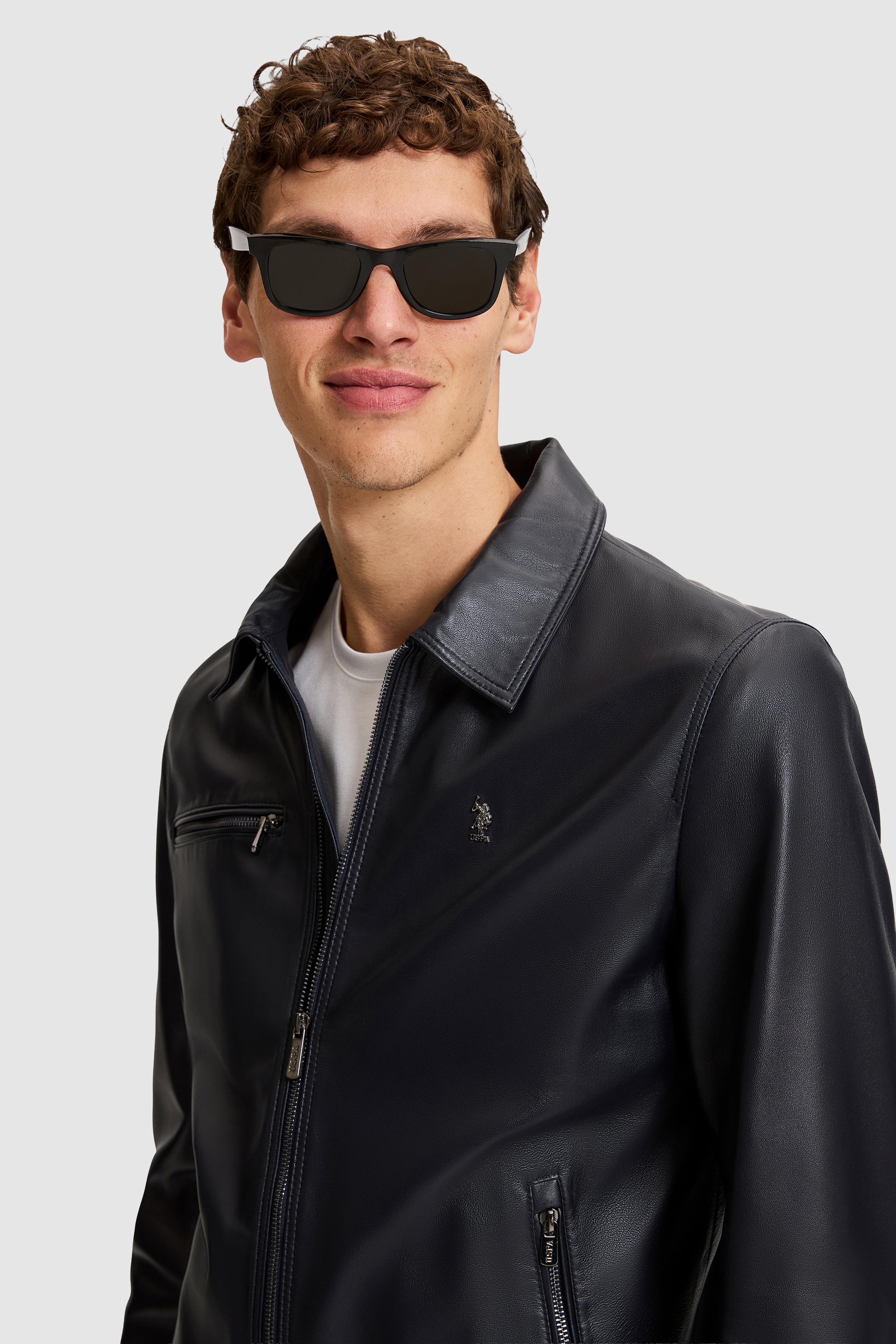 Erkek Lacivert Standart Fit Fermuarlı Deri Ceket - Image 3