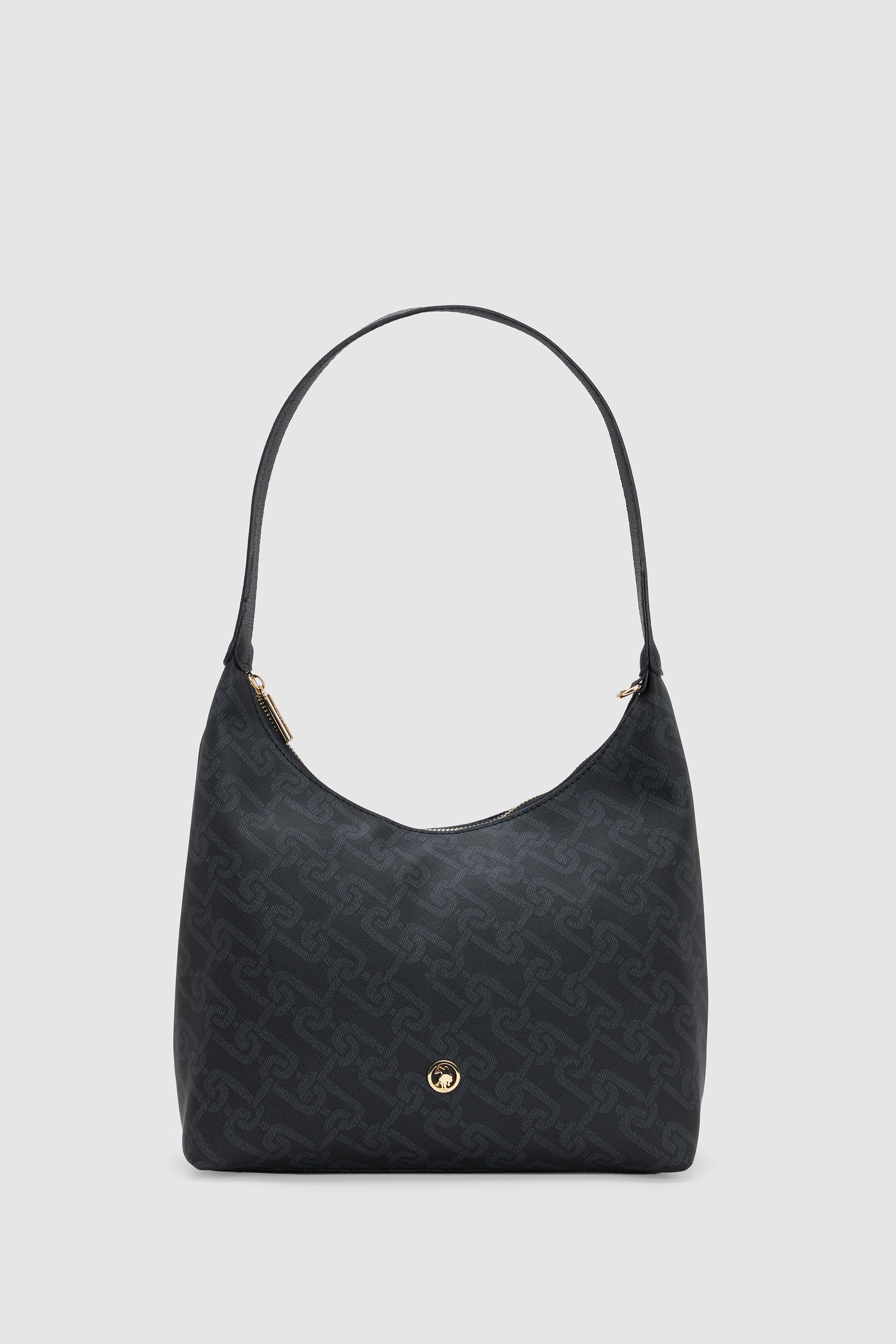 Kadın Siyah Monogram Desenli Fermuarlı Metal USPA Logolu Hobo Omuz Çantası
