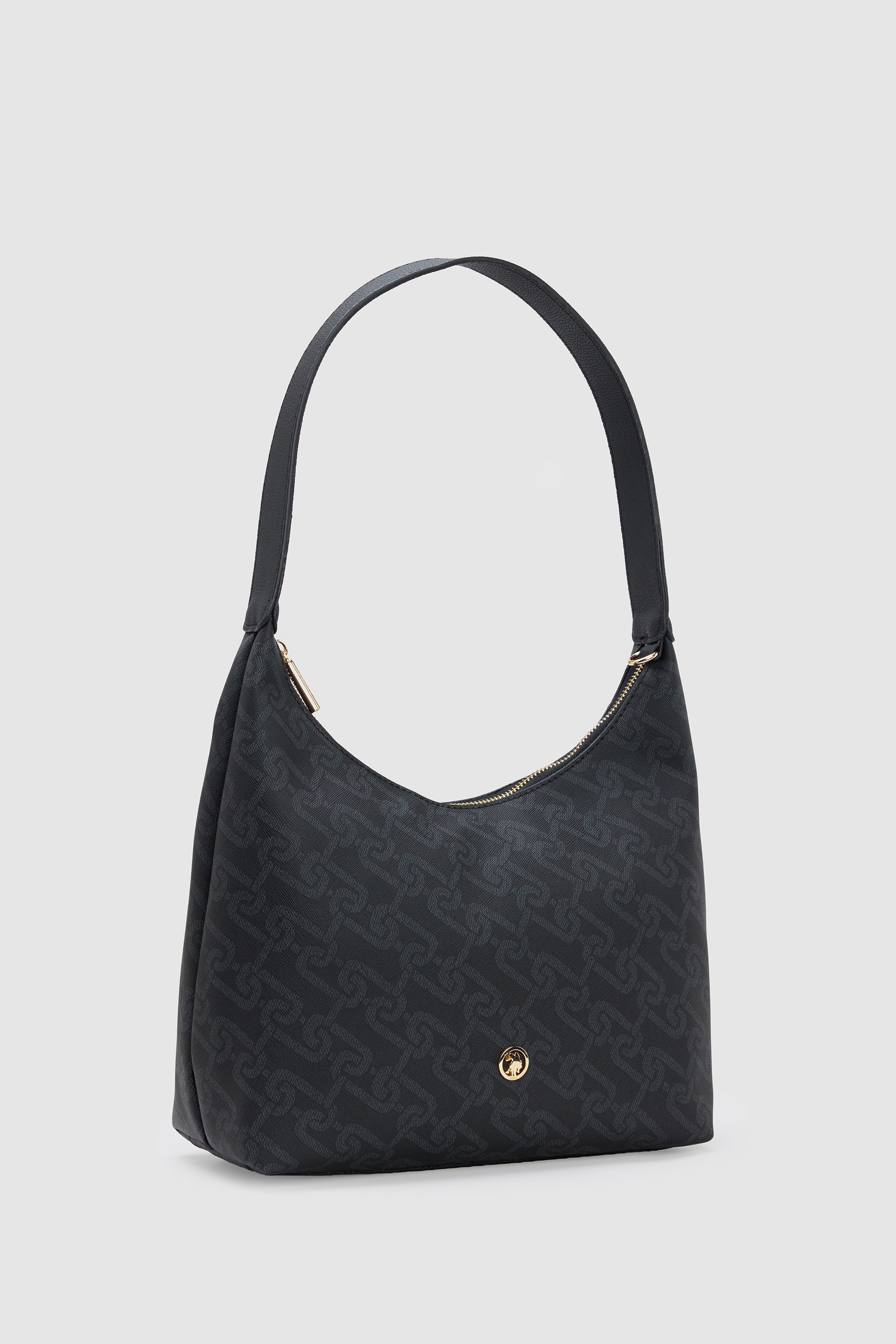 Kadın Siyah Monogram Desenli Fermuarlı Metal USPA Logolu Hobo Omuz Çantası
