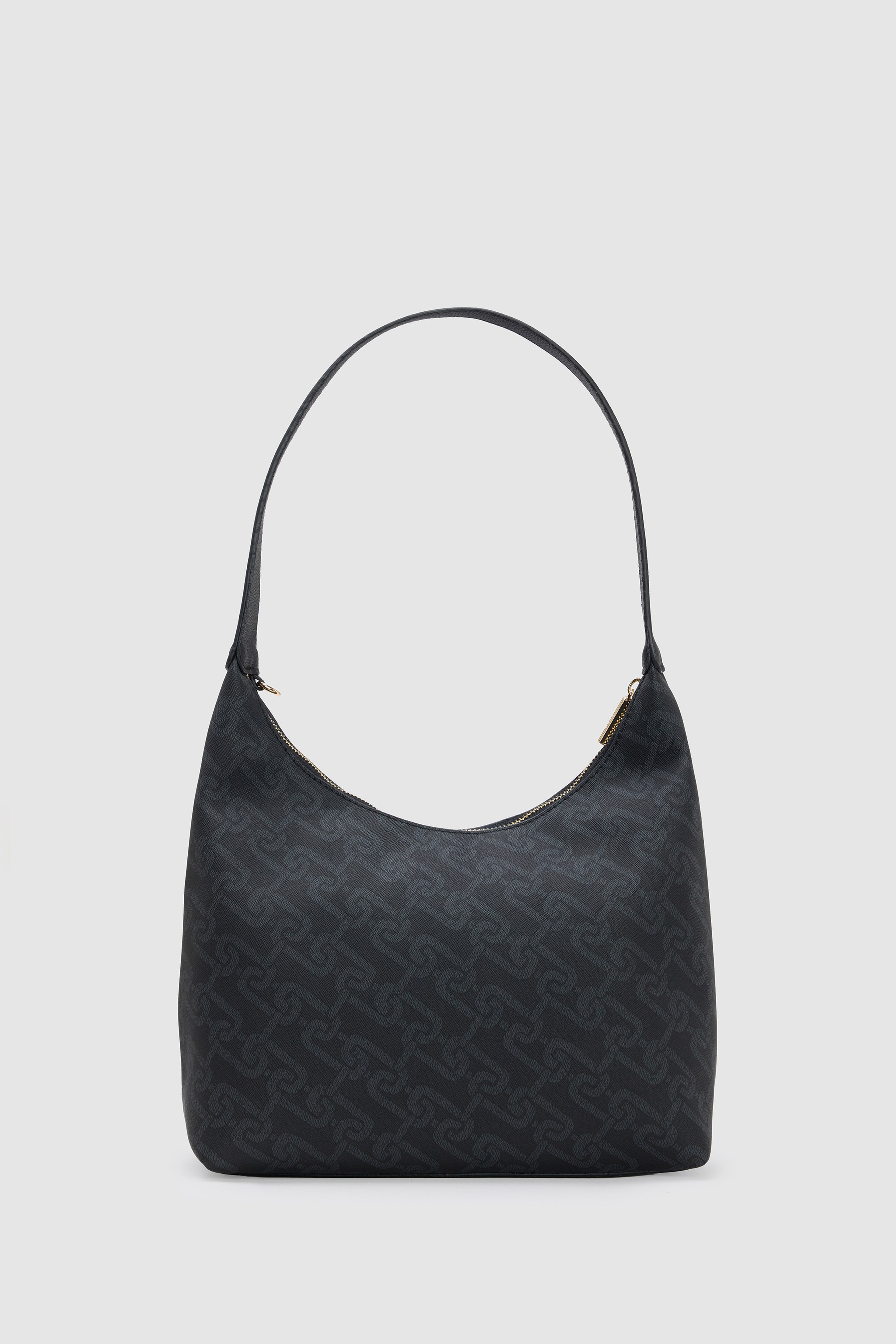 Kadın Siyah Monogram Desenli Fermuarlı Metal USPA Logolu Hobo Omuz Çantası