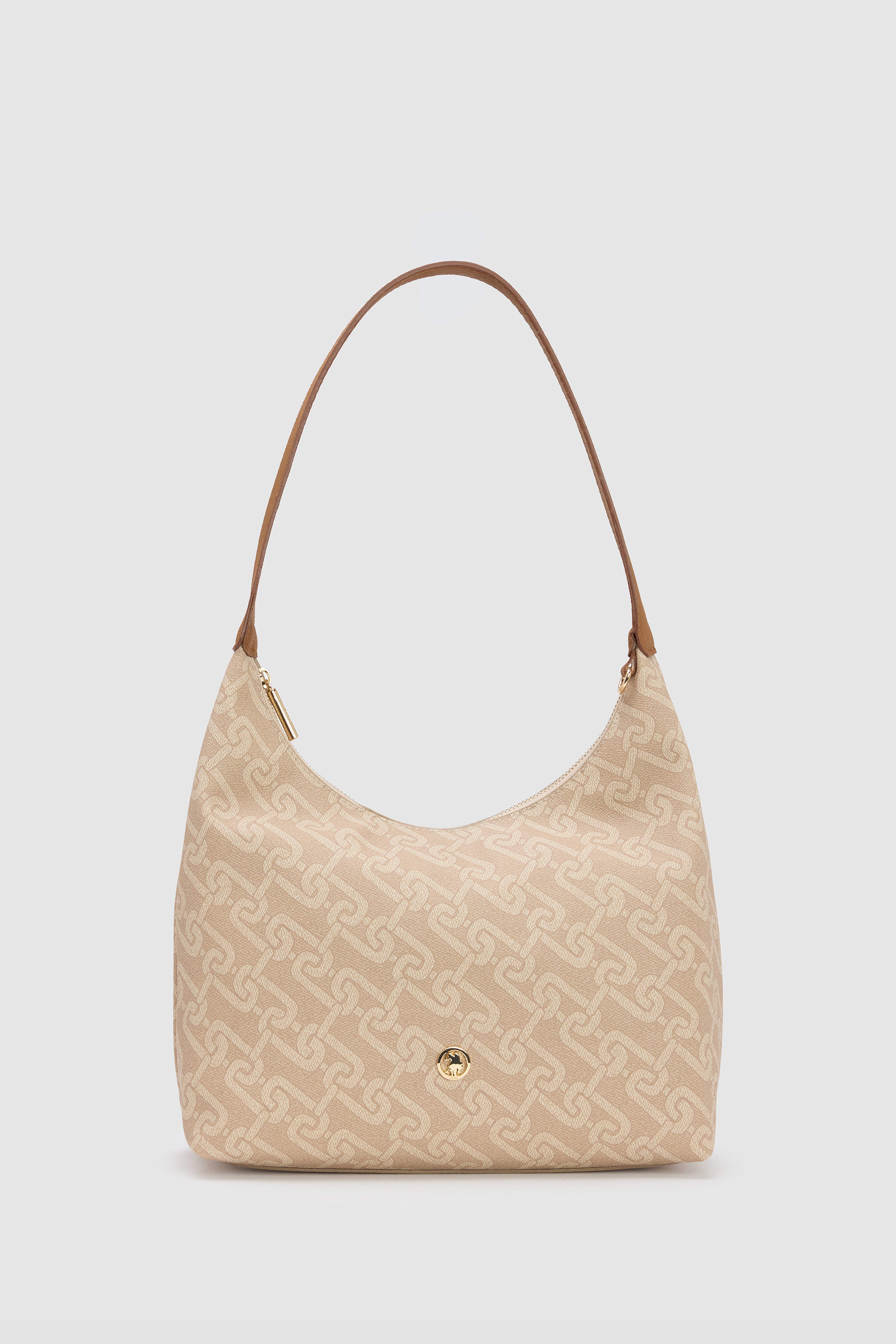 Kadın Bej Monogram Desenli Fermuarlı Metal USPA Logolu Hobo Omuz Çantası
