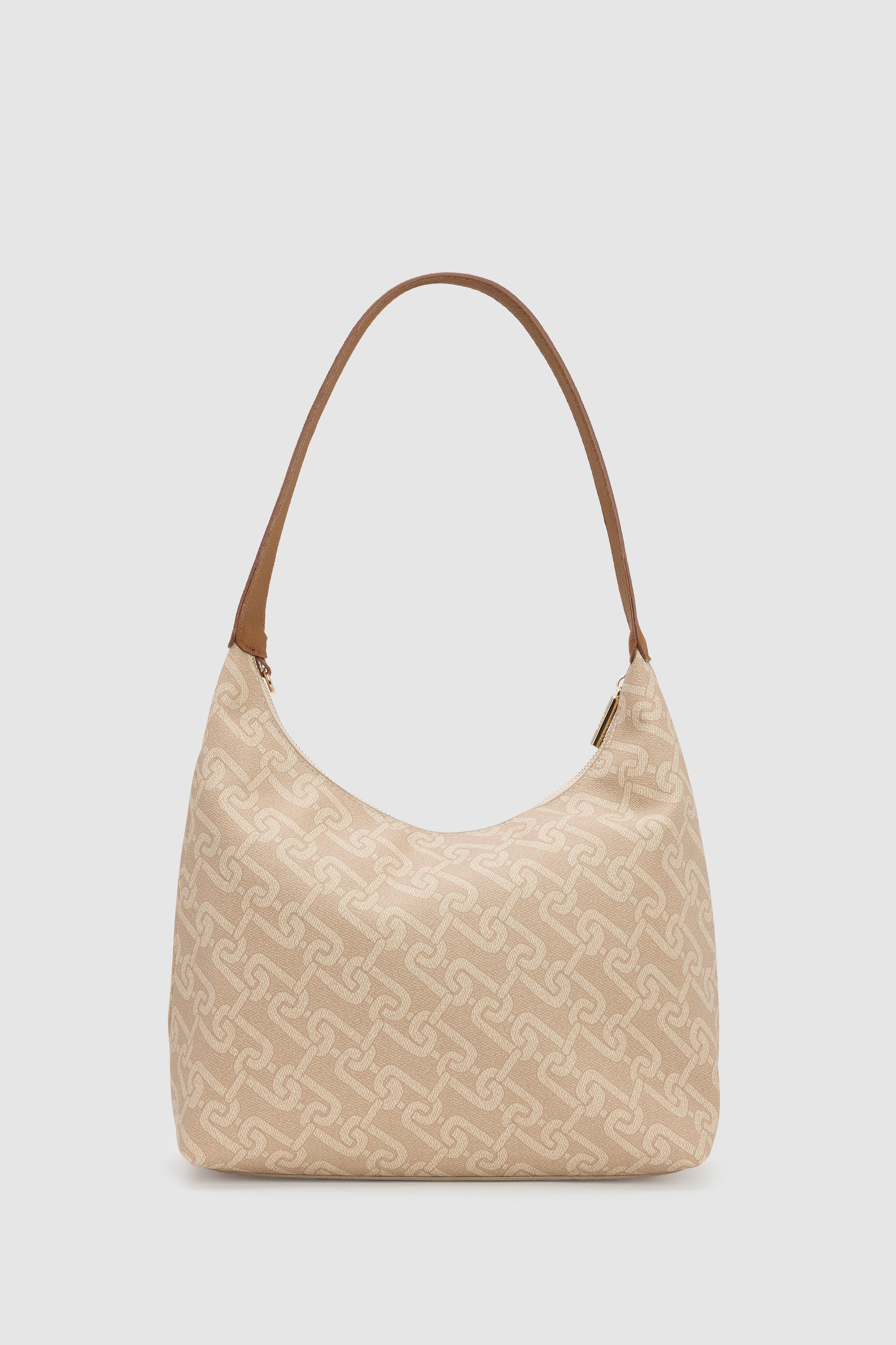 Kadın Bej Monogram Desenli Fermuarlı Metal USPA Logolu Hobo Omuz Çantası - Image 3
