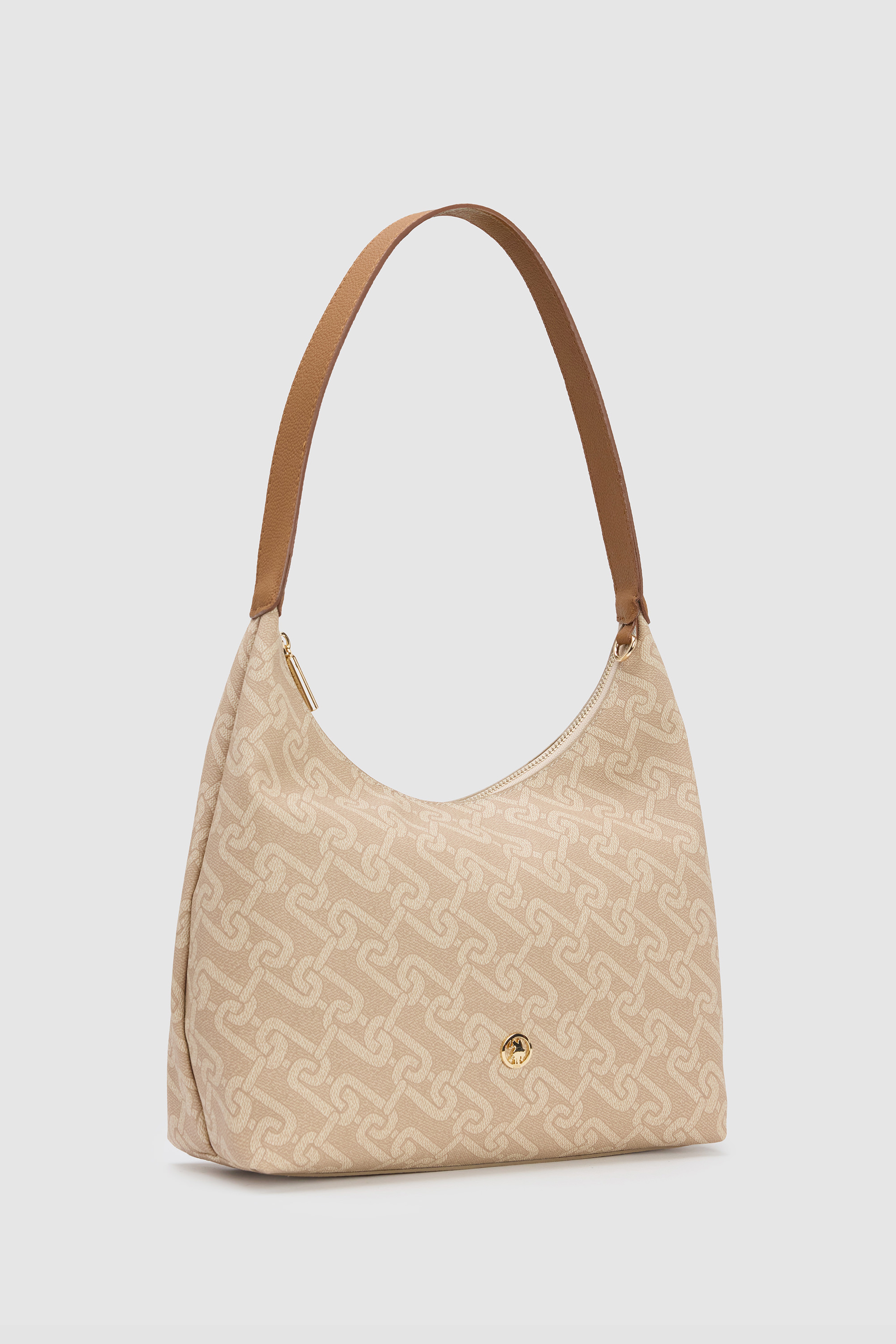 Kadın Bej Monogram Desenli Fermuarlı Metal USPA Logolu Hobo Omuz Çantası - Image 2