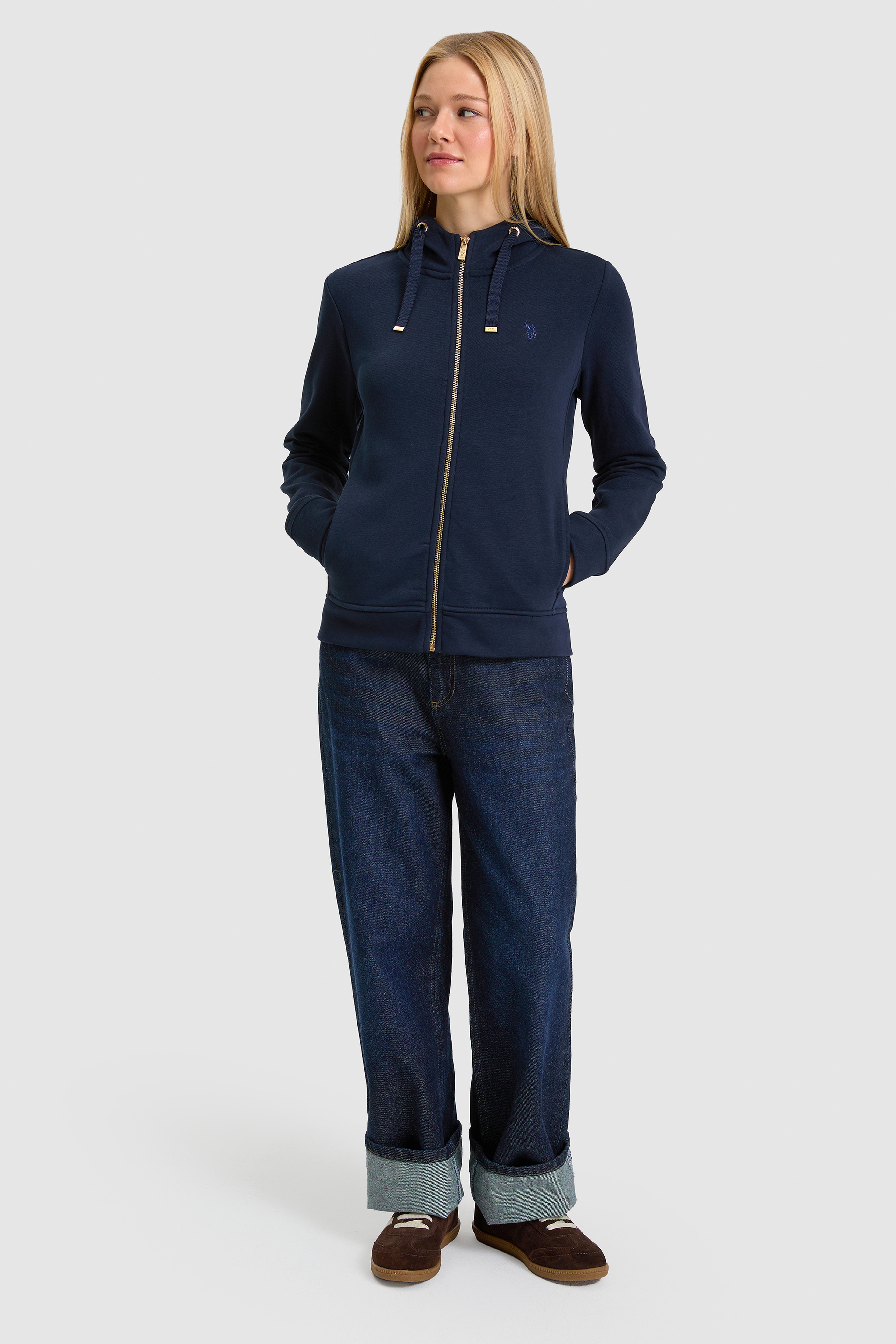 Kadın Lacivert Kapüşonlu Fermuarlı Regular Fit Basic Sweatshirt