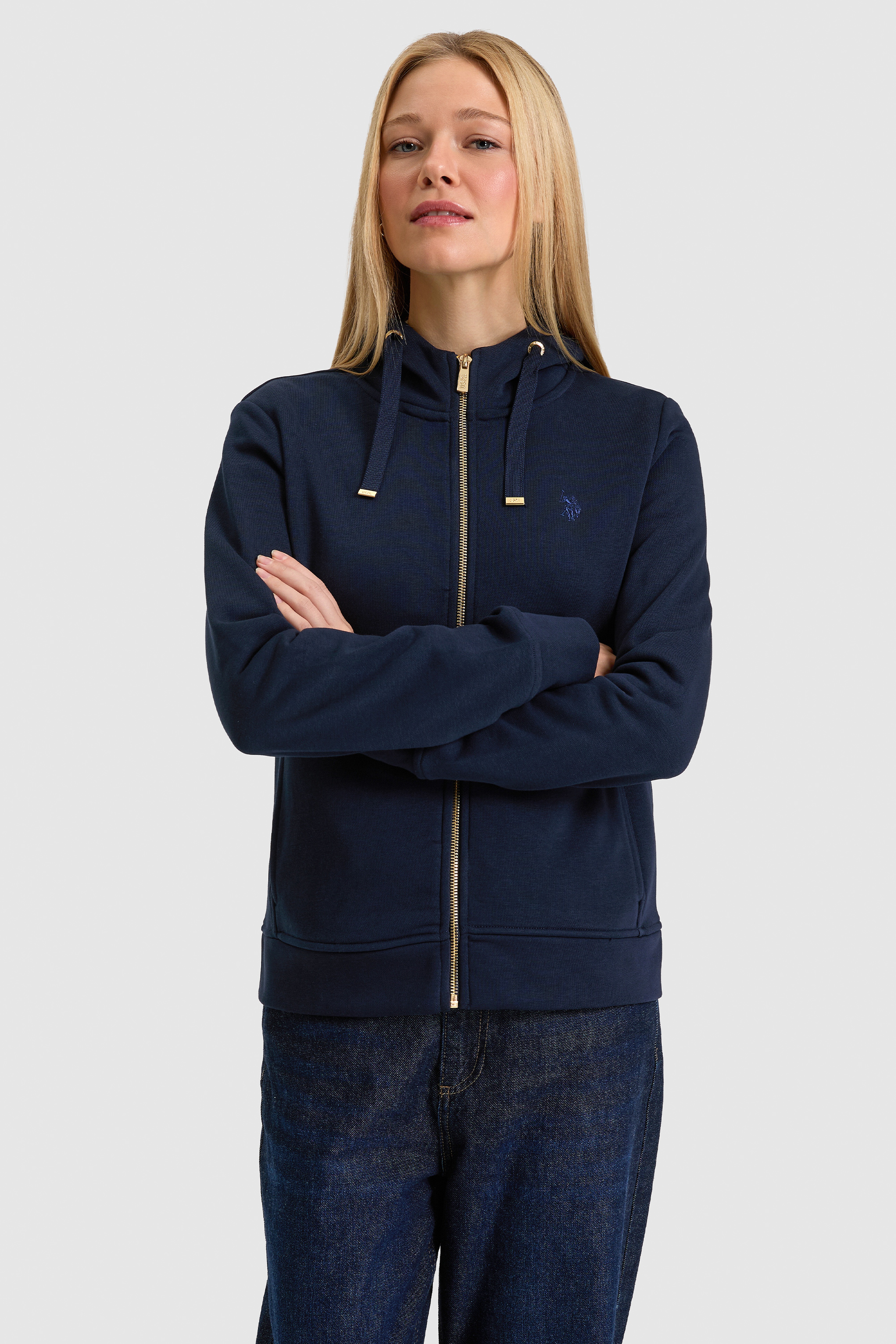 Kadın Lacivert Kapüşonlu Fermuarlı Regular Fit Basic Sweatshirt - Image 3