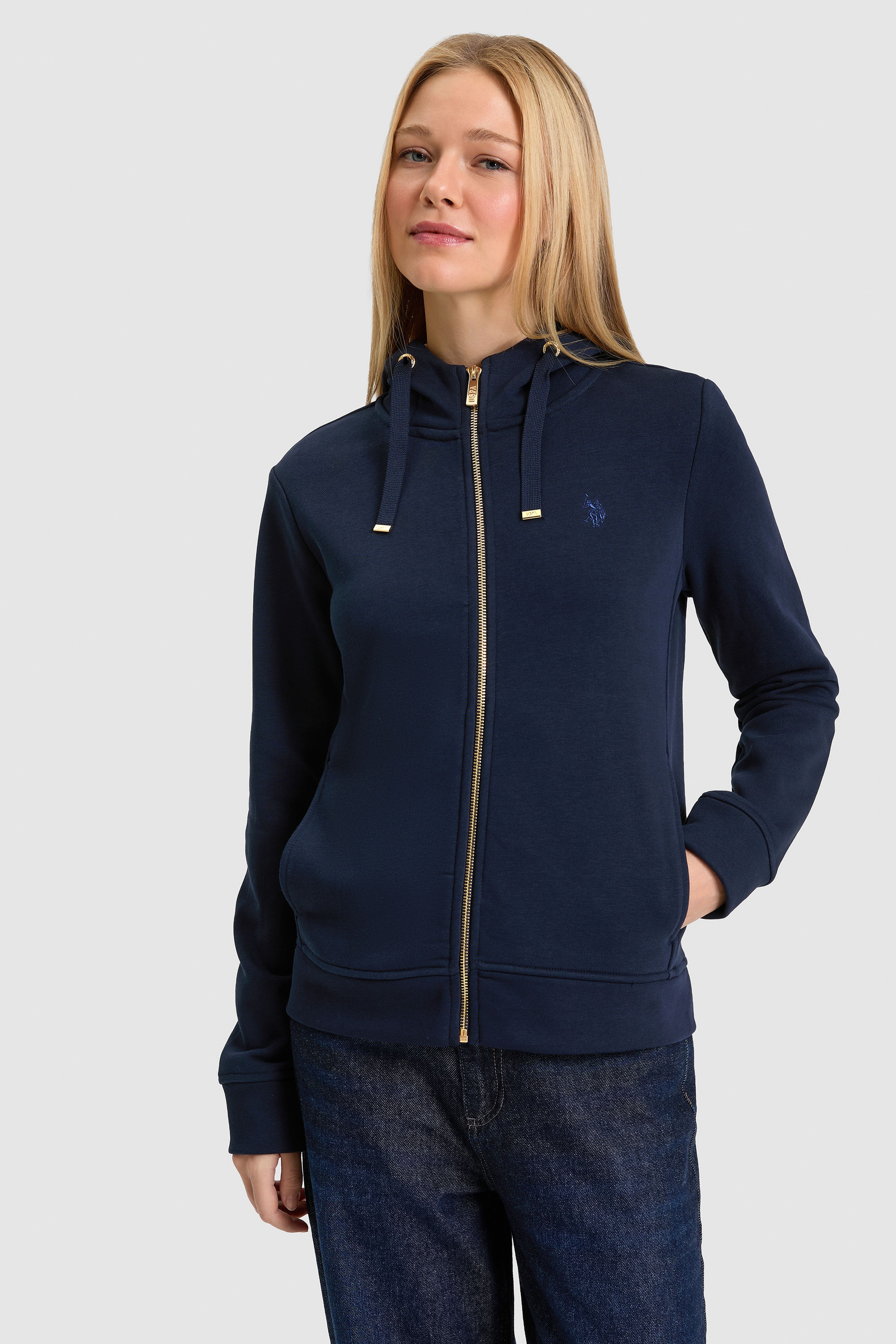 Kadın Lacivert Kapüşonlu Fermuarlı Regular Fit Basic Sweatshirt - Image 1