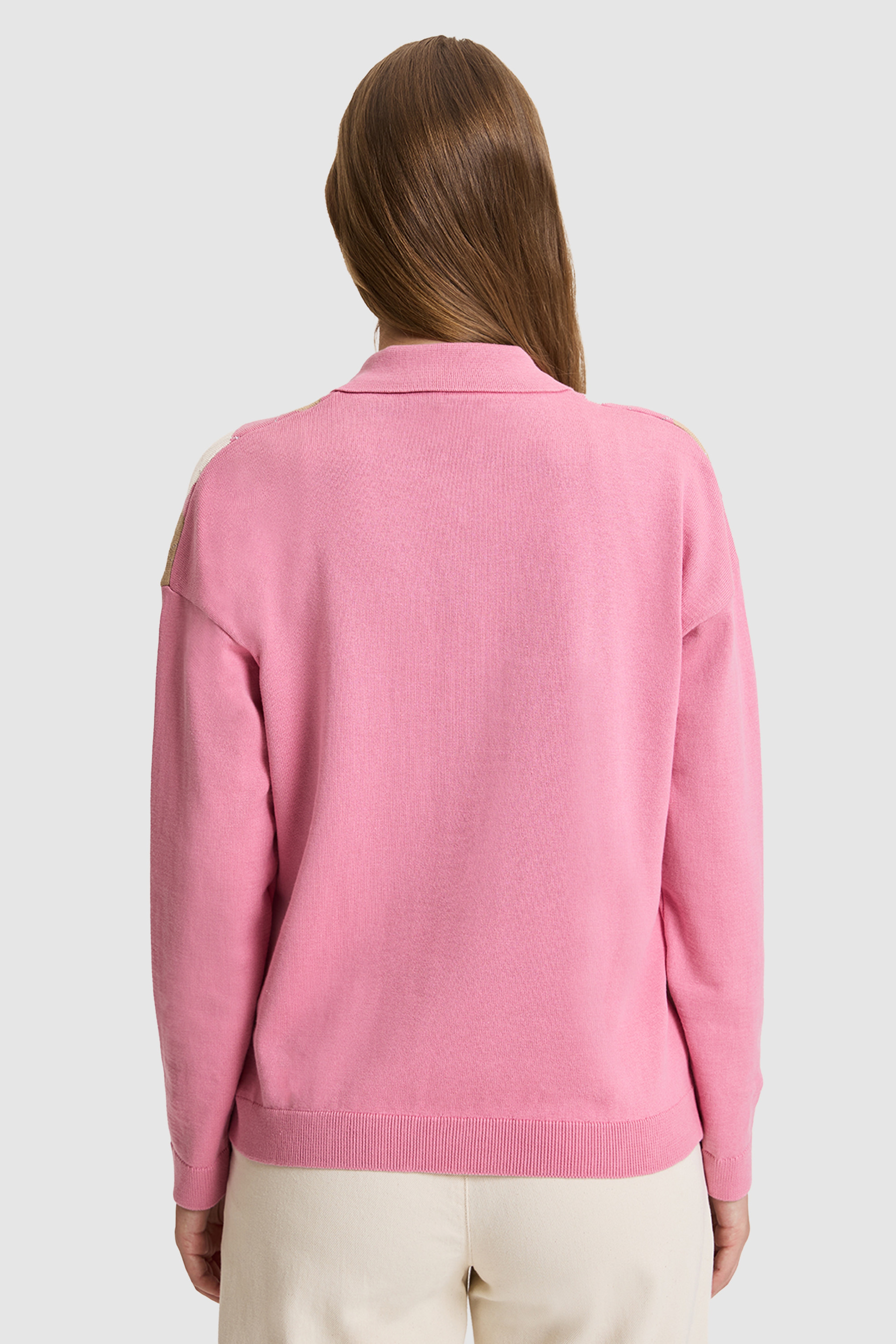Kadın Pembe Yarım Fermuarlı Polo Yaka Regular Fit %100 Pamuk Triko Kazak - Image 5