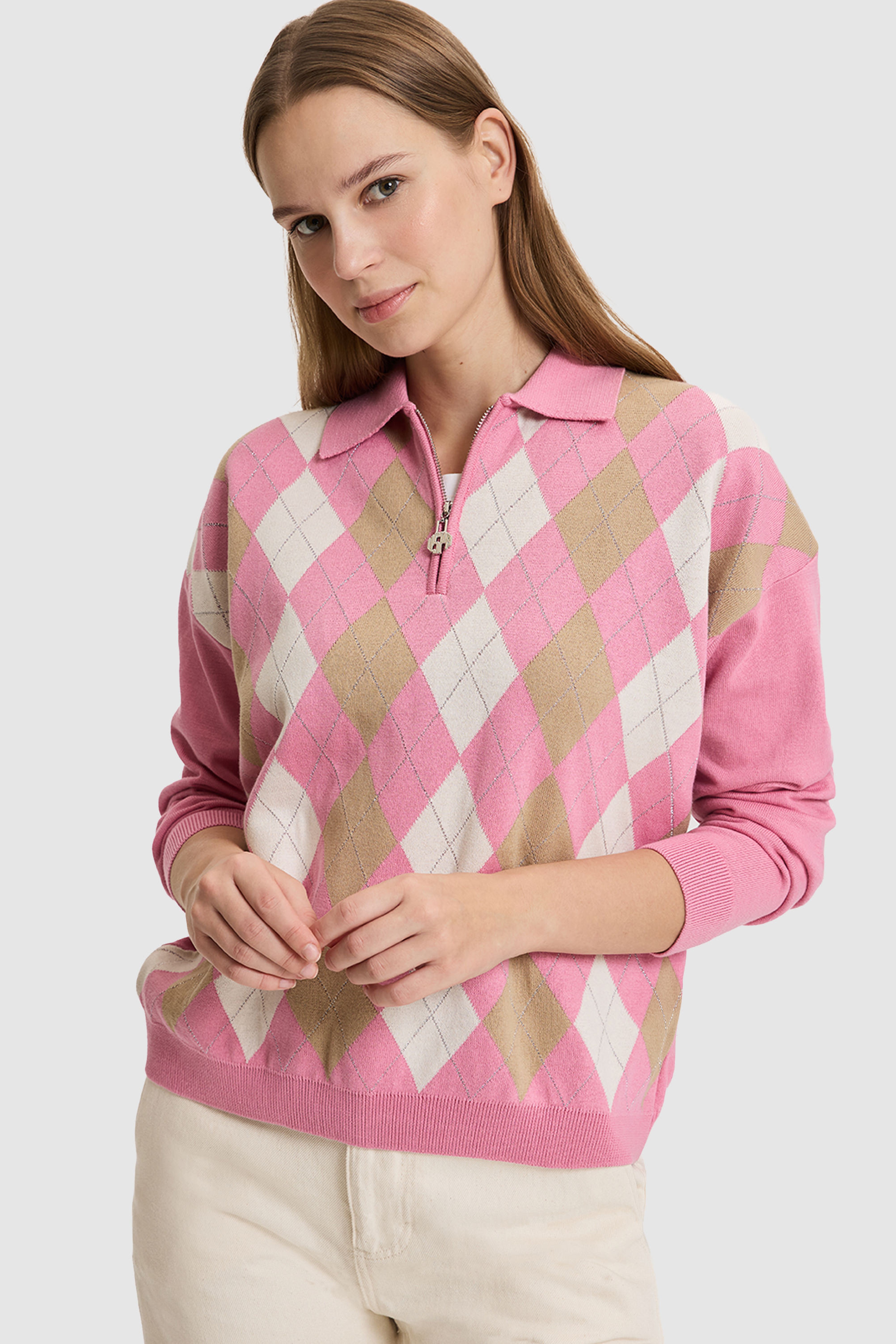 Kadın Pembe Yarım Fermuarlı Polo Yaka Regular Fit %100 Pamuk Triko Kazak - Image 3