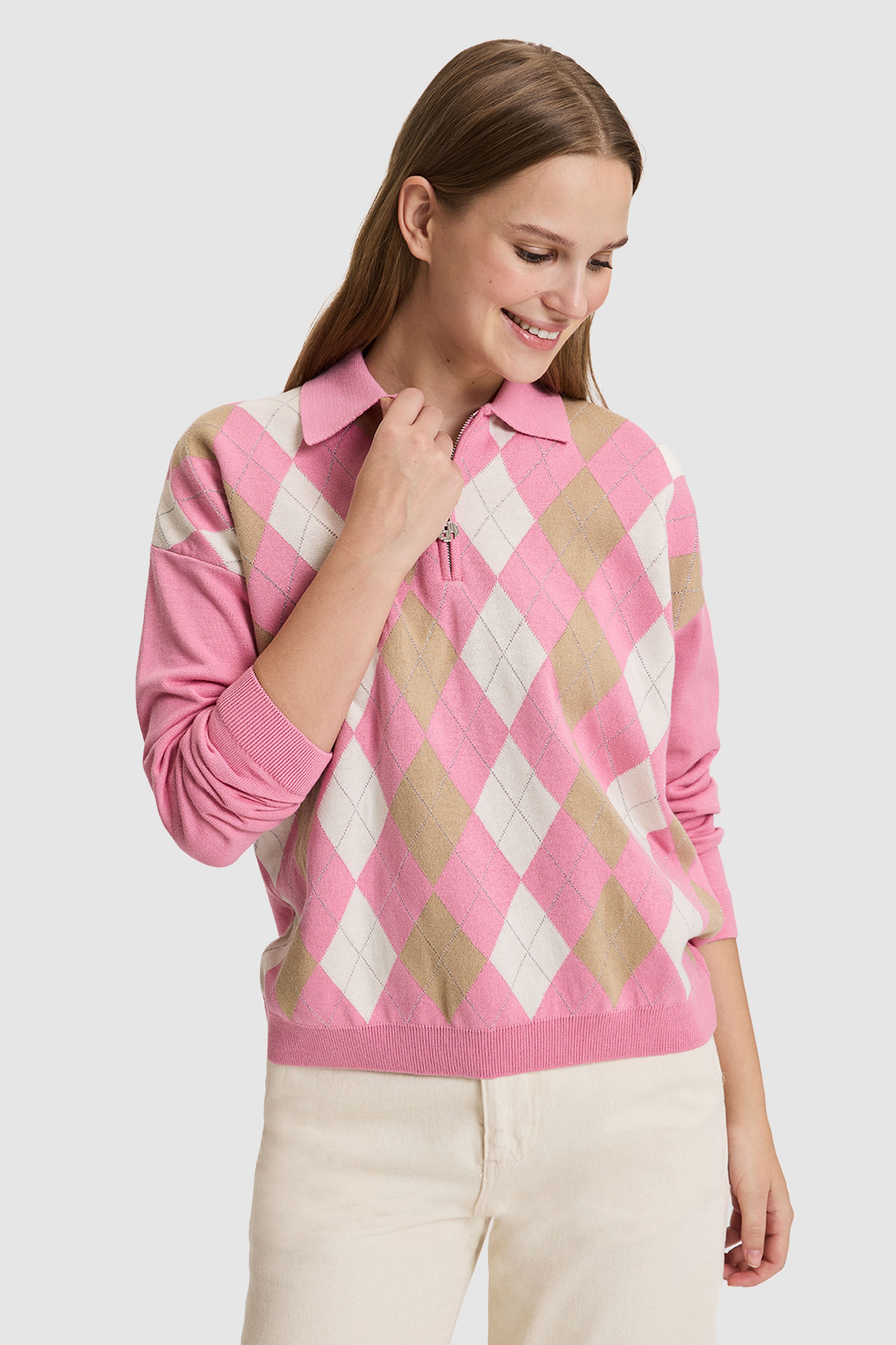 Kadın Pembe Yarım Fermuarlı Polo Yaka Regular Fit %100 Pamuk Triko Kazak - Image 1